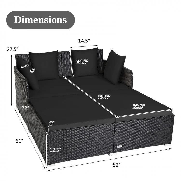 Premium Outdoor Rattan Daybed with Thick Upholstered Cushions & Weather-Resistant Pillows - Black Patio Furniture for Poolside Lounging & Garden Relaxation
