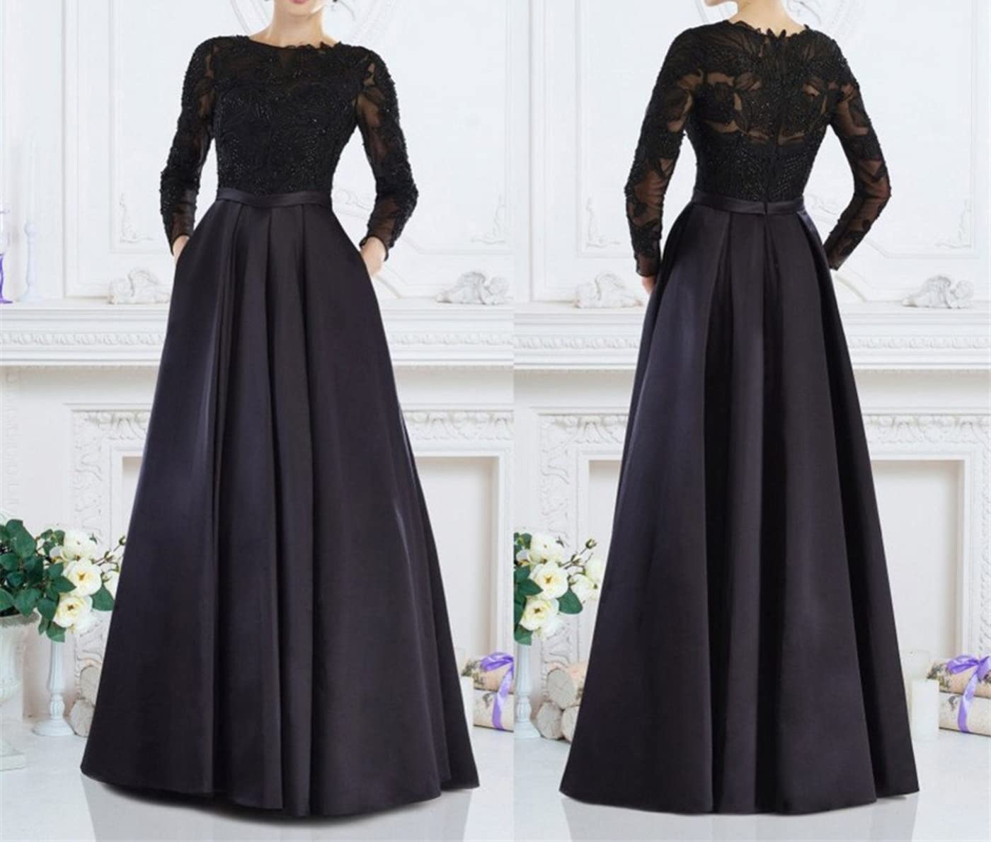 Elegant Black Lace Long Sleeve Round Neck Evening Dress for Women - Perfect for Formal Events, Parties & Special Occasions