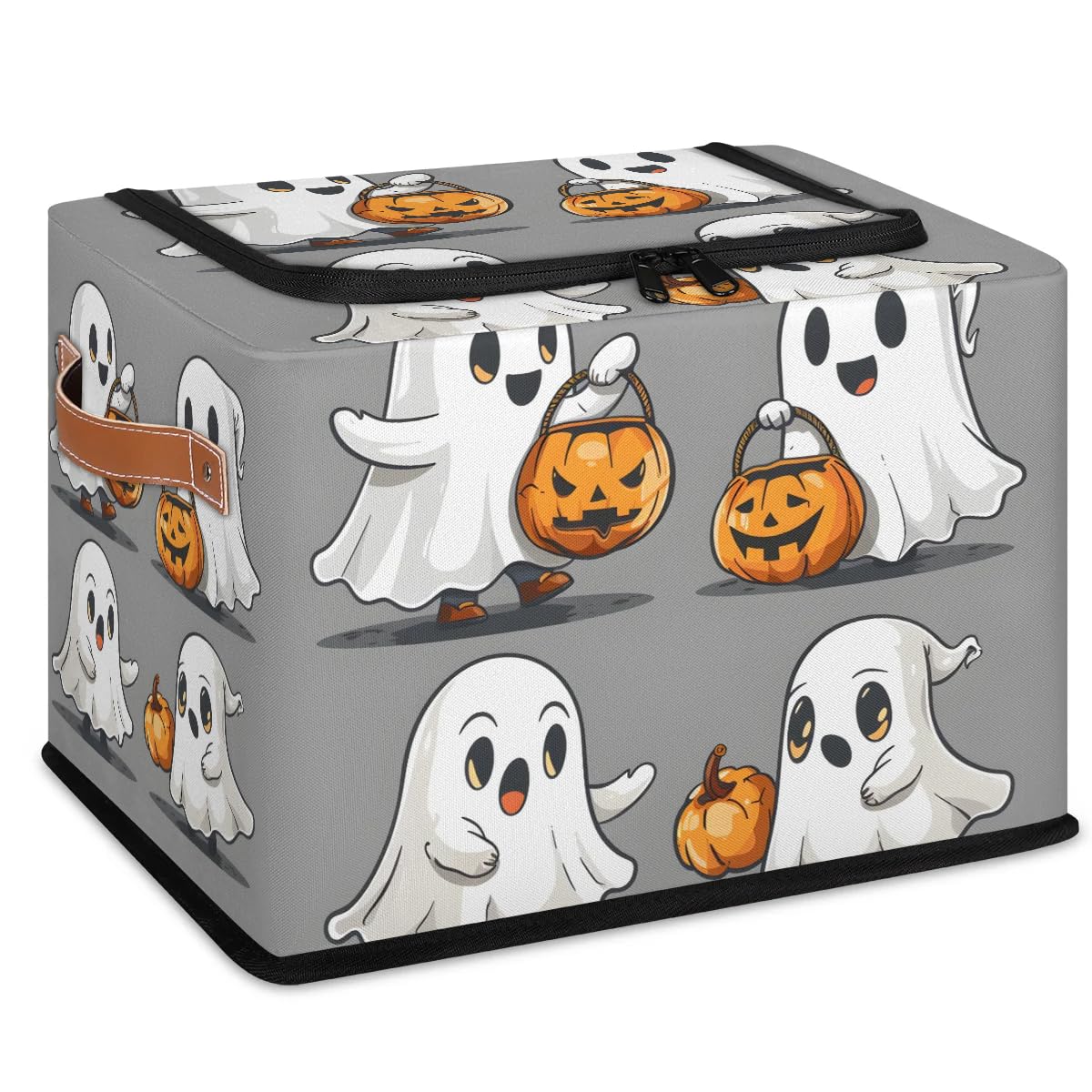 2-Pack Cute Ghost Pumpkin Storage Bins with Zipper Lid - Stackable Metal Frame Closet Organizer Cubes with PU Handles for Clothes, Toys & Seasonal Decor | Halloween, Bedroom & Nursery Storage Solution