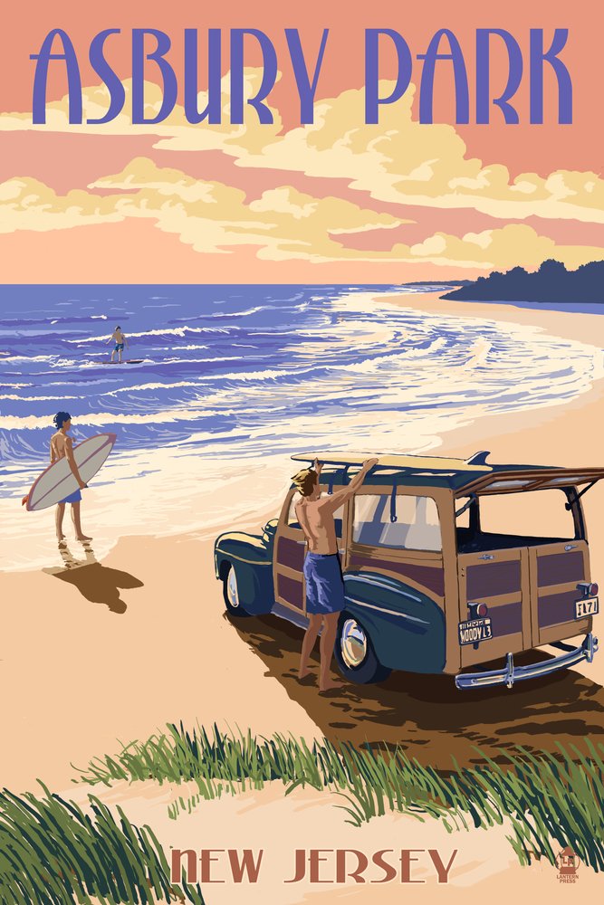 Signed Woody On The Beach 45152 Art Print - 24x36 Wall Decor Poster, Asbury Park New Jersey Coastal Art - Perfect for Beach House, Living Room & Office Decor