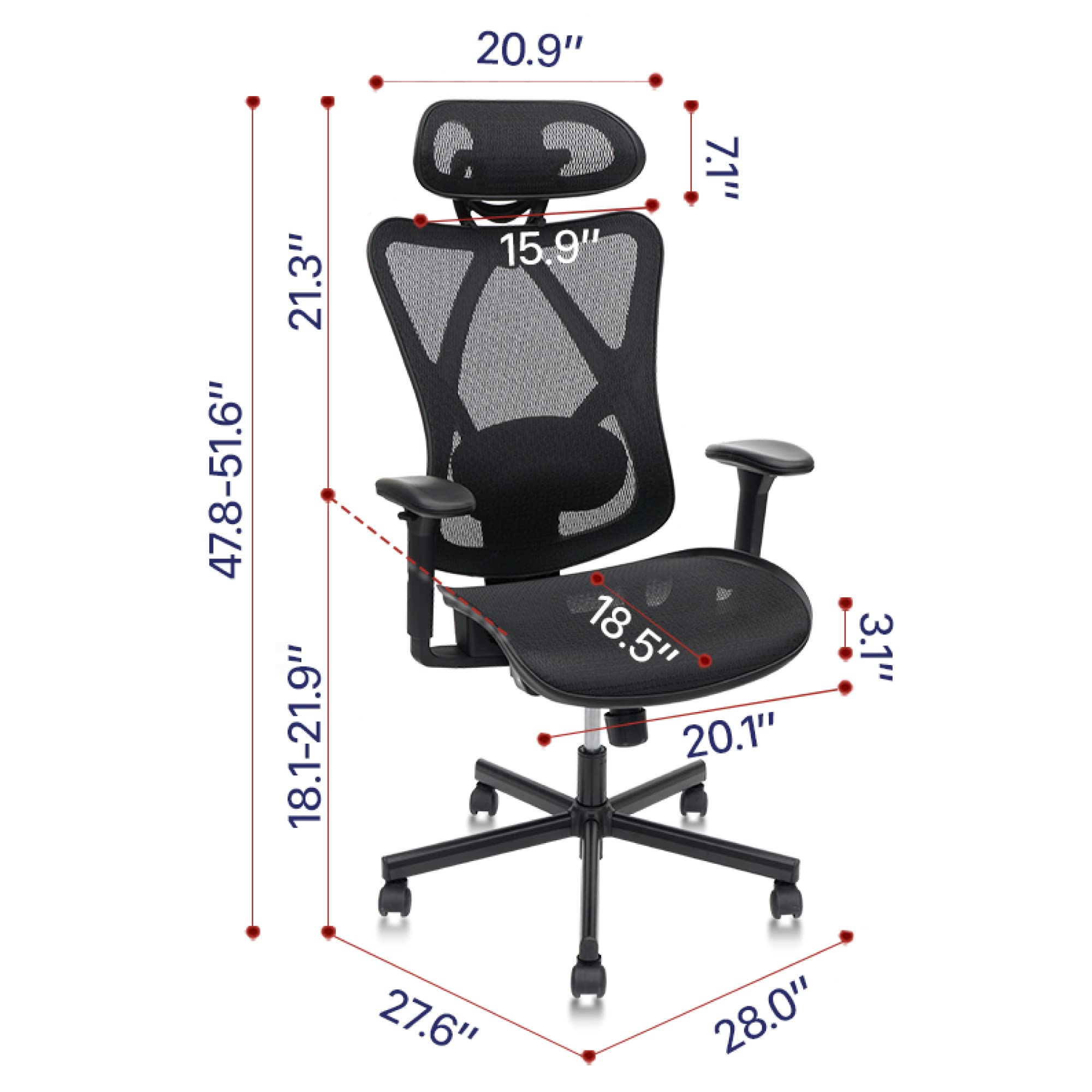 Ergonomic Mesh Office Chair with Adjustable Height, Lumbar Support & Headrest - High Back Desk Chair with Wheels, Tilt Function & Adjustable Armrests for Home Office, Gaming & Workspace Comfort