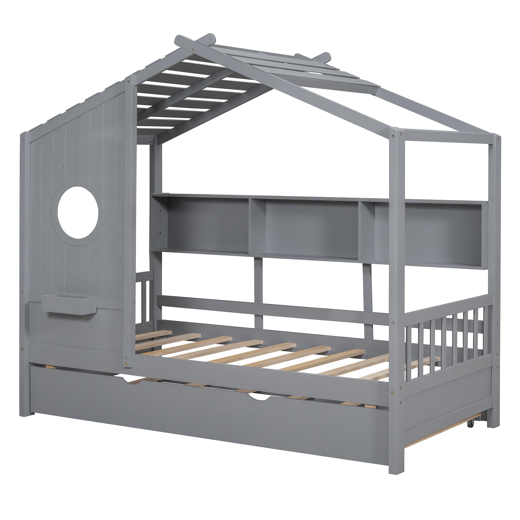 Harper & Bright Designs Twin Size Wooden House Bed with Trundle & Storage Shelf - Gray Platform Bed Frame with Roof for Kids, Boys & Girls - Perfect for Bedrooms, Playrooms & Small Spaces