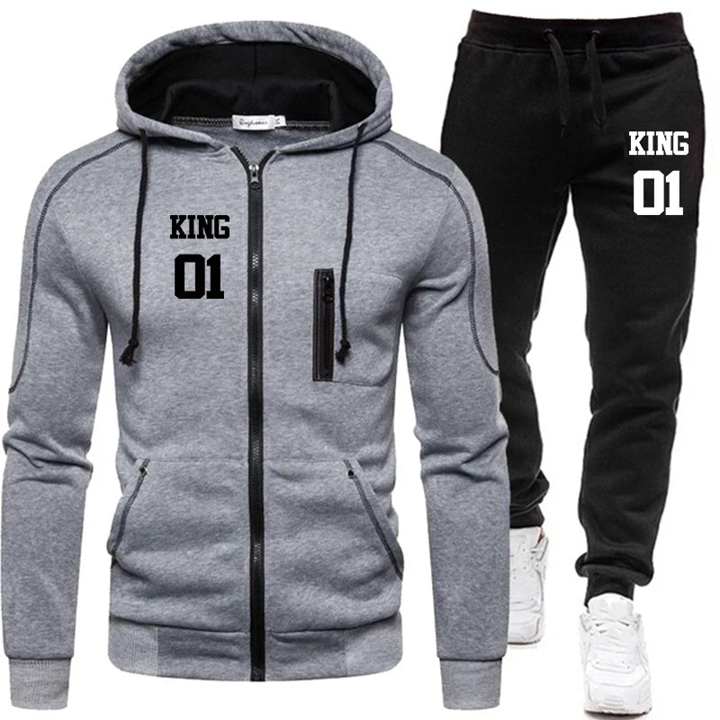 Men's King Printed Tracksuit Set - Zipper Hoodie & Pants 2 Piece Winter Gym Outfit for Jogging, Fitness & Casual Wear | Perfect for Workouts, Running & Street Style Fashion