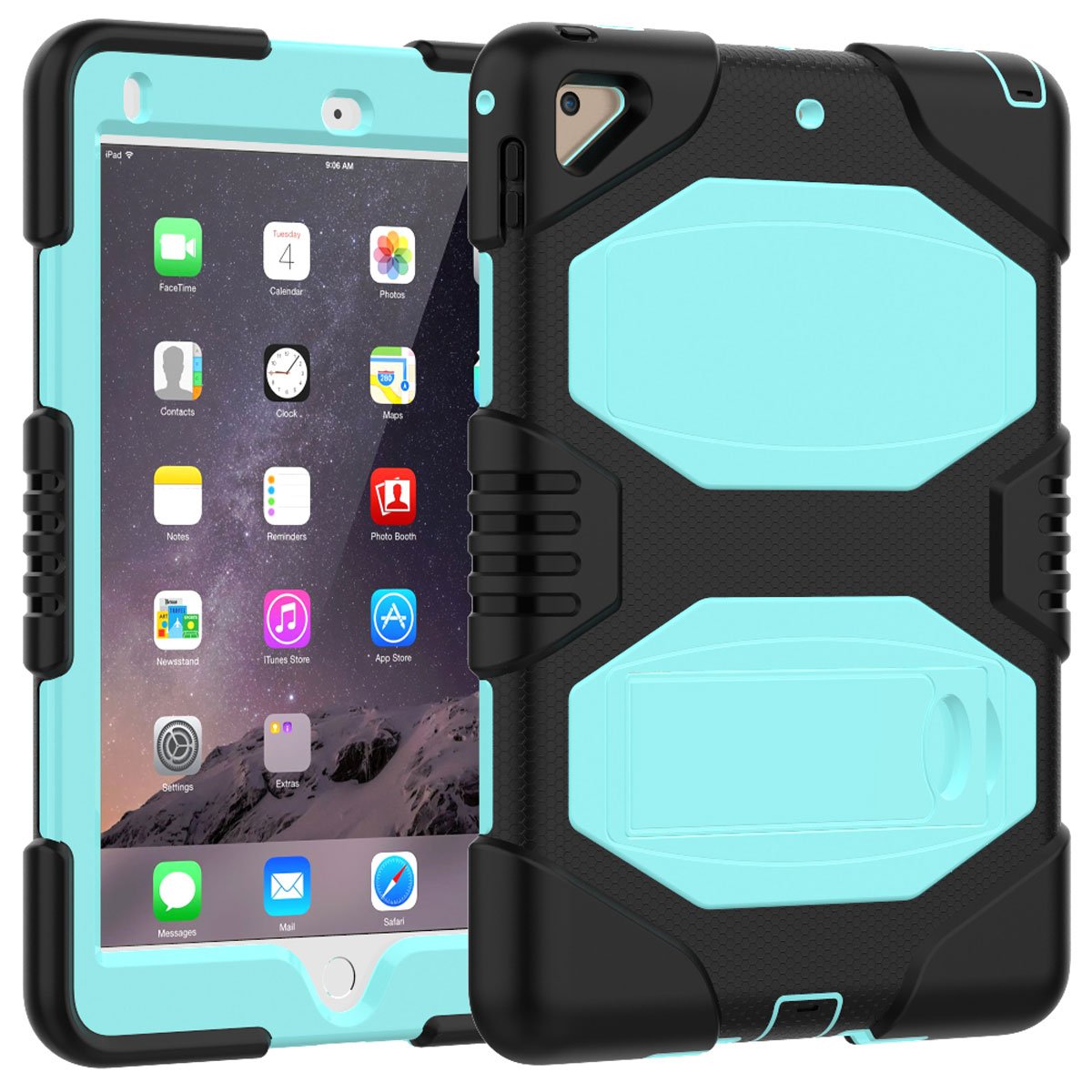 Shockproof Silicone Armor Hard Case with Stand for Apple iPad Air 2 (Black-Light Blue) - Protective Cover for Work, Travel & Home Use