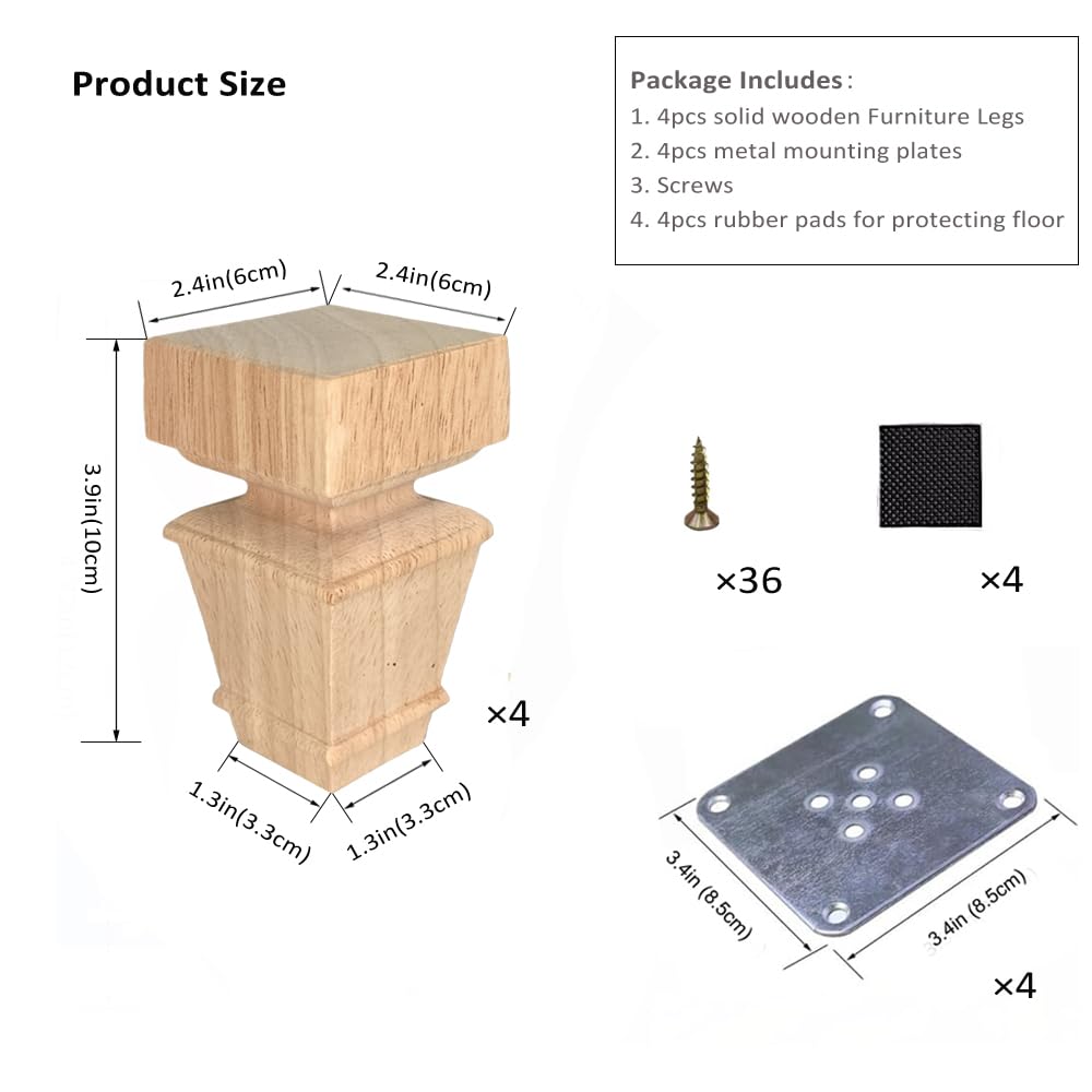 10cm Solid Wood Furniture Legs with Mounting Plates & Screws - Set of 4 Unfinished European Style Replacement Feet for Sofa, Cabinet, Ottoman, TV Stand - Perfect for Home DIY Projects & Furniture Upgrades (4 inch) - Ideal for Living Room, Bedroom & Office Decor