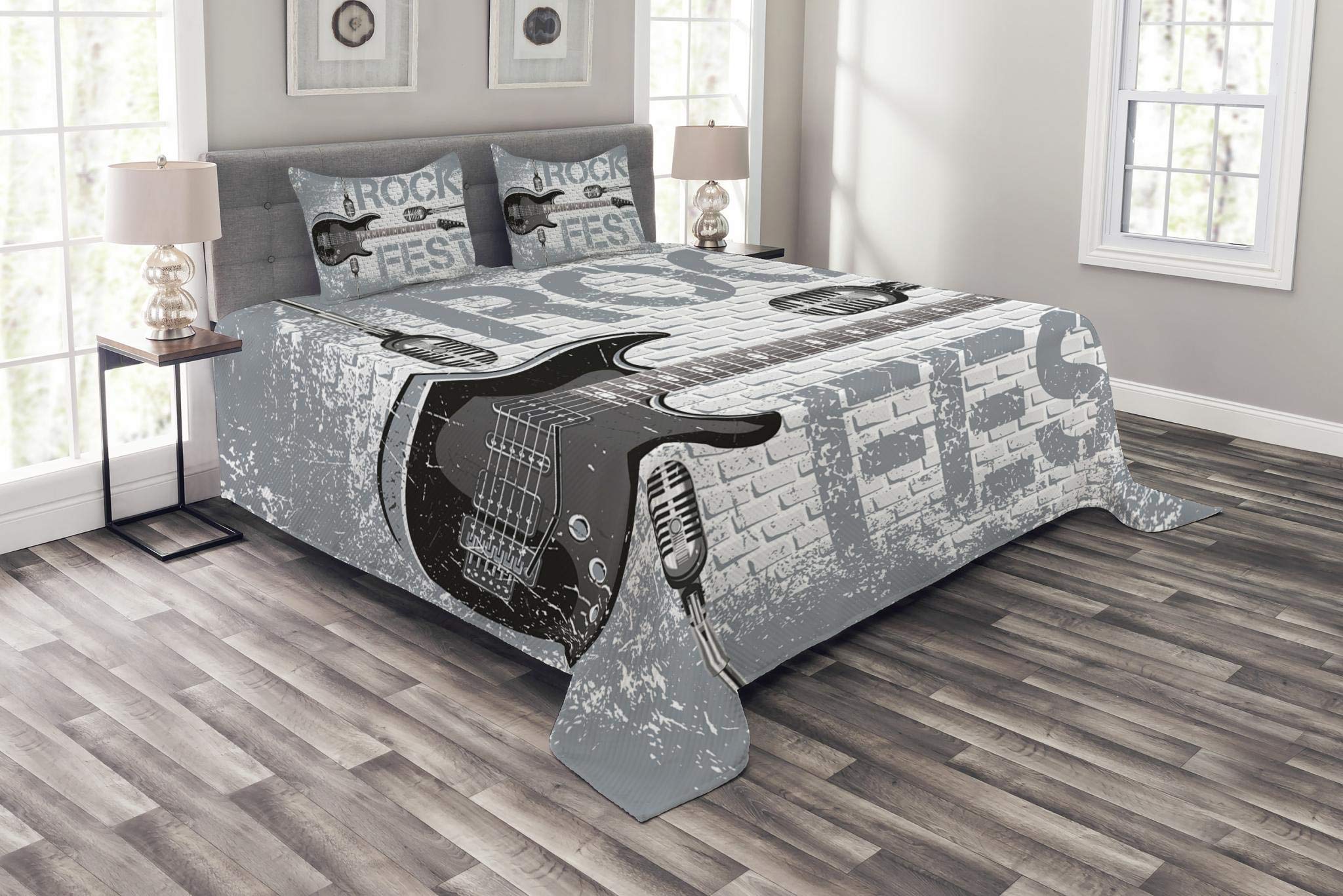 Ambesonne Rock Music Bedspread Set - Grunge Style Brick Wall with Electric Guitar & Mic Design, 3-Piece Bedding Set with Coverlet & 2 Pillow Shams, King Size, Blue Grey Black - Perfect for Rock Themed Bedrooms & Music Lover Gifts