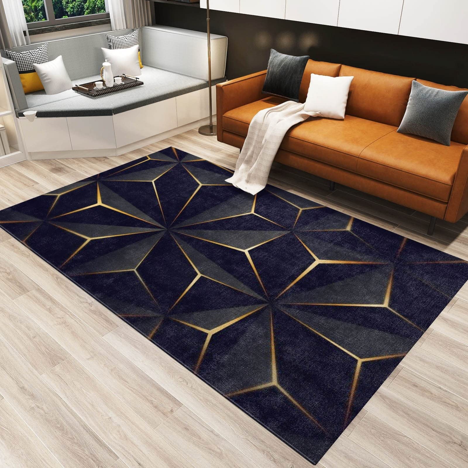 Modern Abstract Black Gold Geometric Area Rug 5'x6' - Non-Slip Indoor Floor Carpet for Living Room, Bedroom, Sofa Decor | Home Office & Dorm Room Floor Mat