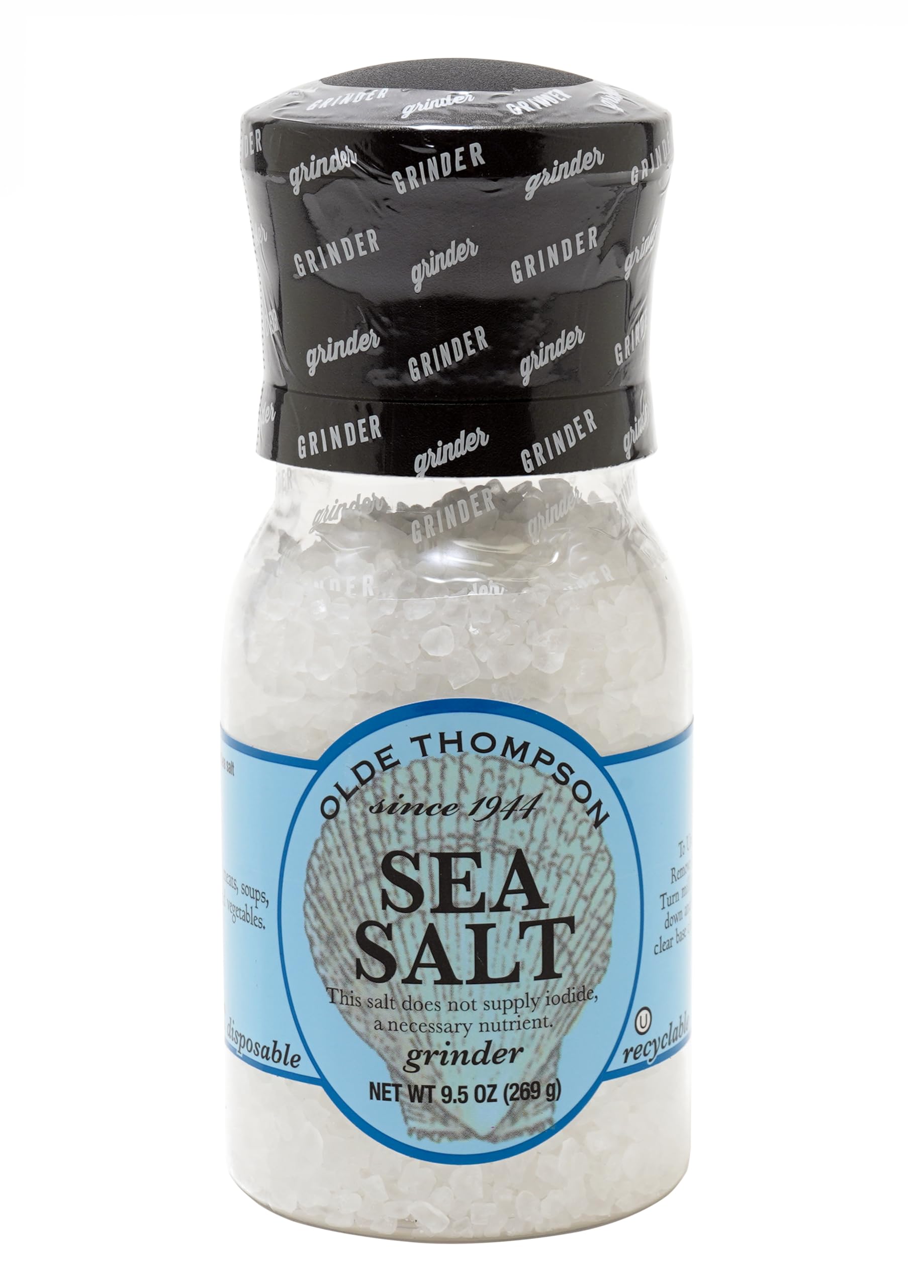 Olde Thompson Premium Sea Salt Grinder Refillable - 9.5 oz (270g) - Gourmet Coarse Grain Salt for Cooking, Baking & Seasoning - Perfect for Kitchen, BBQ & Dining Table Use