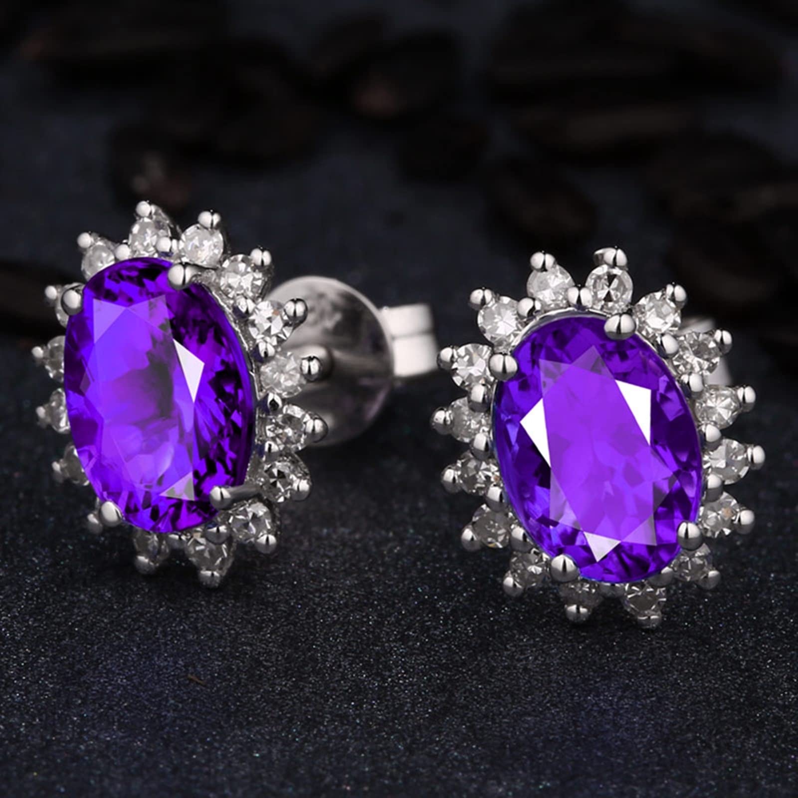 18ct White Gold Amethyst Stud Earrings for Women - 2.13ct Oval Purple Gemstone with Diamond Accents | Elegant Jewelry Gift for Birthday, Anniversary & Special Occasions