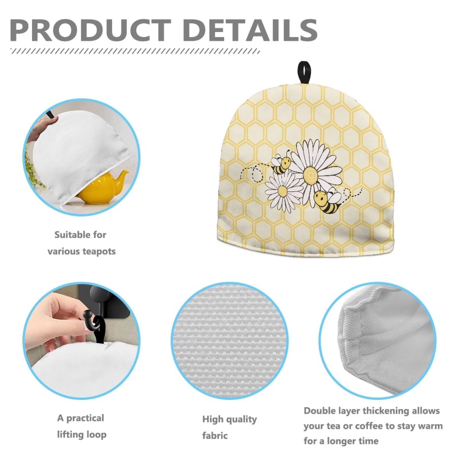 Bee Dust Cover Insulated Tea Cozy for Teapot - Foldable Tea Kettle Cover with Heat Retention for Breakfast & Tea Time - Decorative Kitchen & Coffee Table Accessory - Fade Resistant & Durable - Perfect for Home, Office, and Gifts