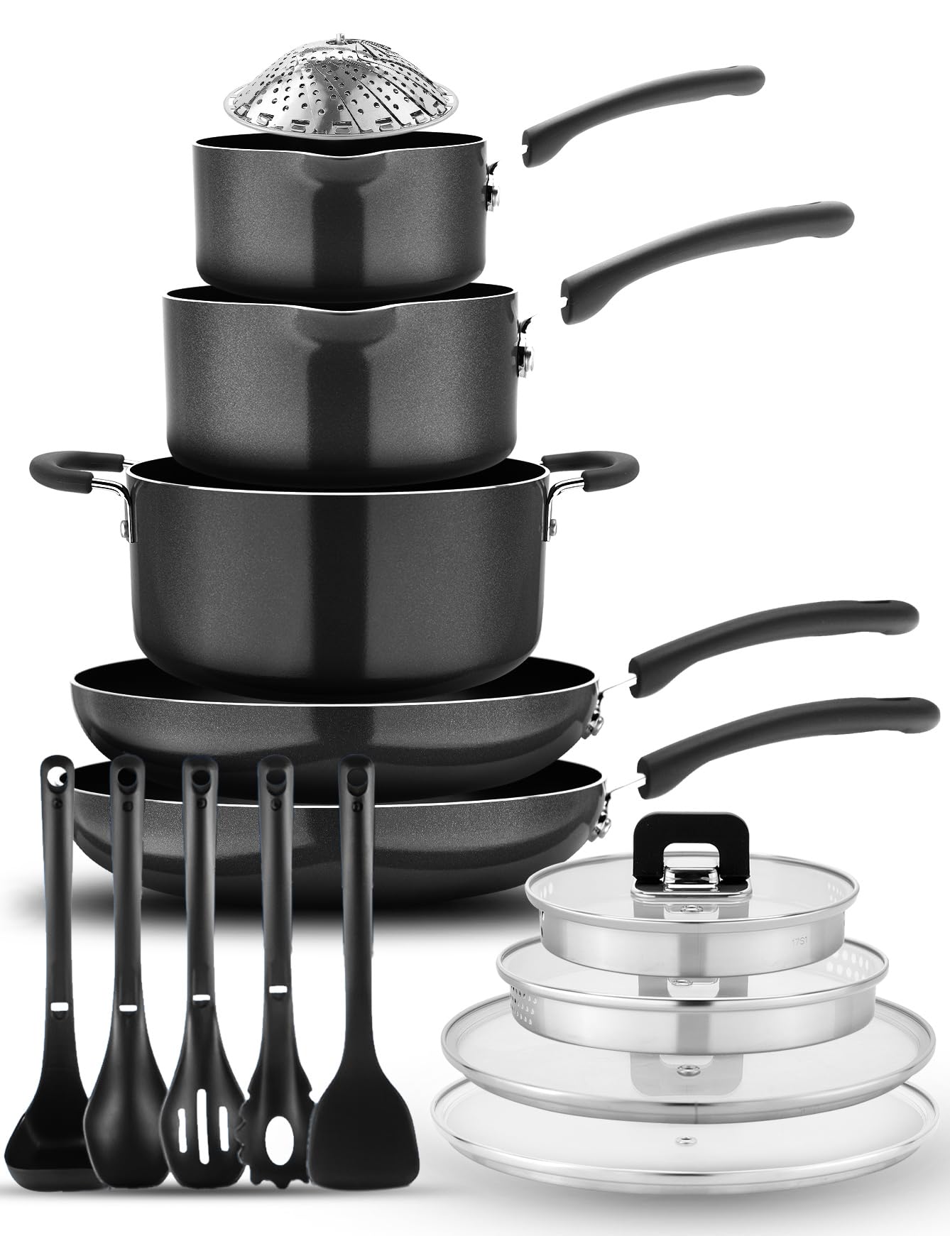 NutriChef 17-Piece Stackable Nonstick Stainless Steel Cookware Set with Foldable Knob - Induction Compatible Pots & Pans, Space-Saving Design Includes Nylon Cooking Tools (Black) - Perfect for Small Kitchens, Apartments & RV Cooking