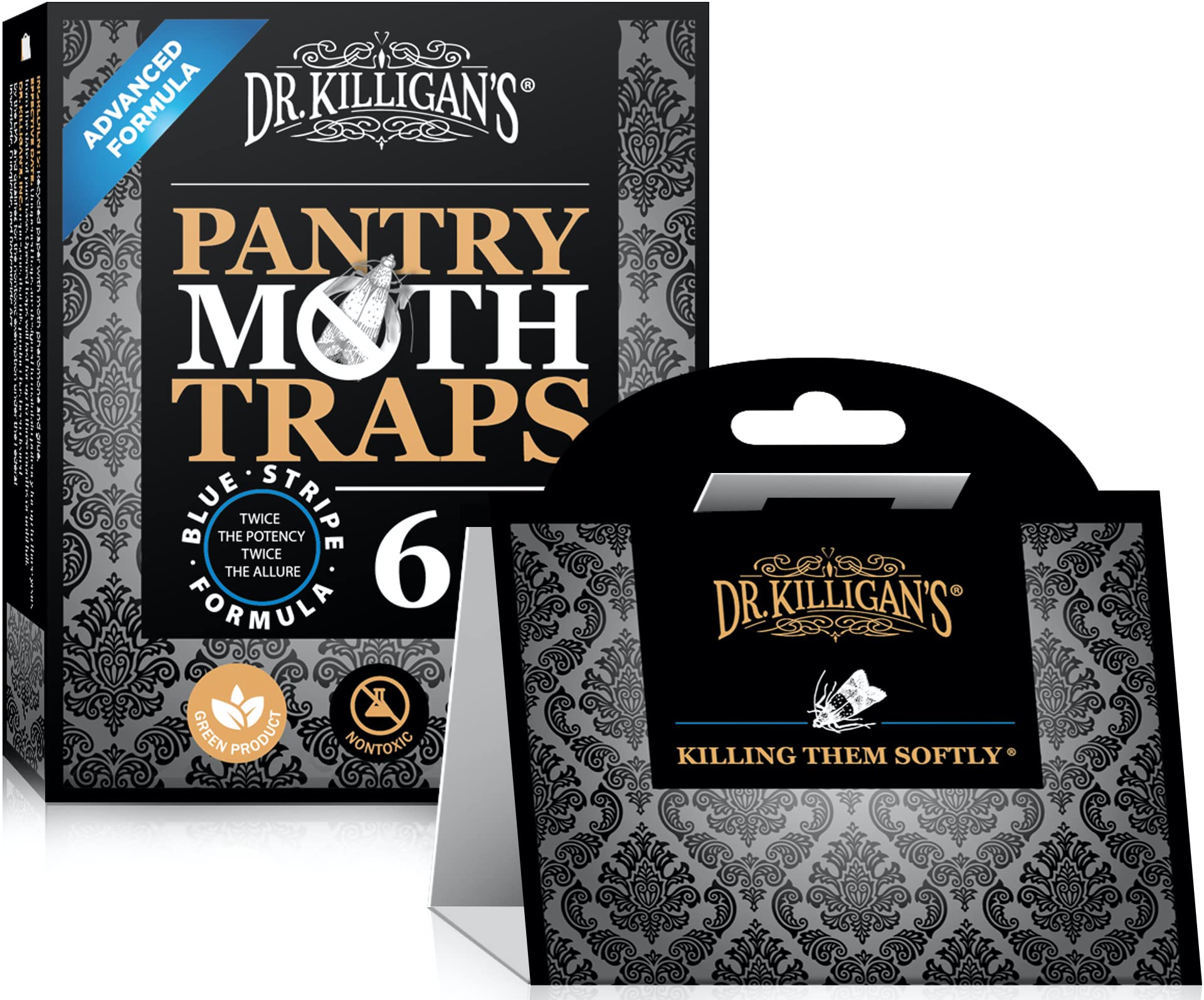 Dr. Killigan's Premium Pantry Moth Traps with Pheromones | Non-Toxic Sticky Glue Traps for Kitchen & Cupboard Moths | Organic Pest Control (6-Pack, Black) | Protect Food Storage & Pantry from Moth Infestation