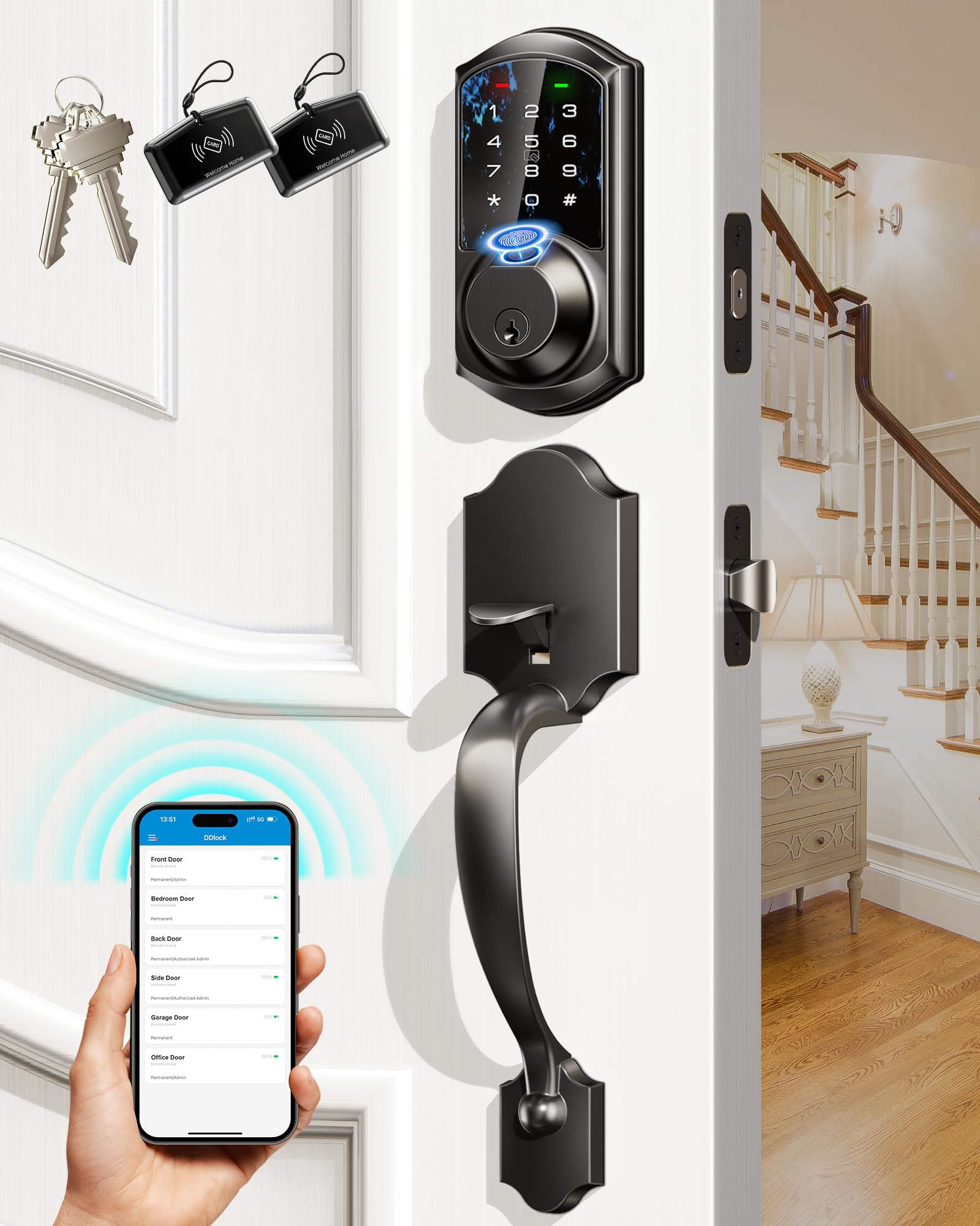 Veise Smart Fingerprint Door Lock with Keypad - Keyless Entry Deadbolt, App Control & Auto Lock, Matte Black - Easy Install for Home Security (Front Door, Apartment, Office)