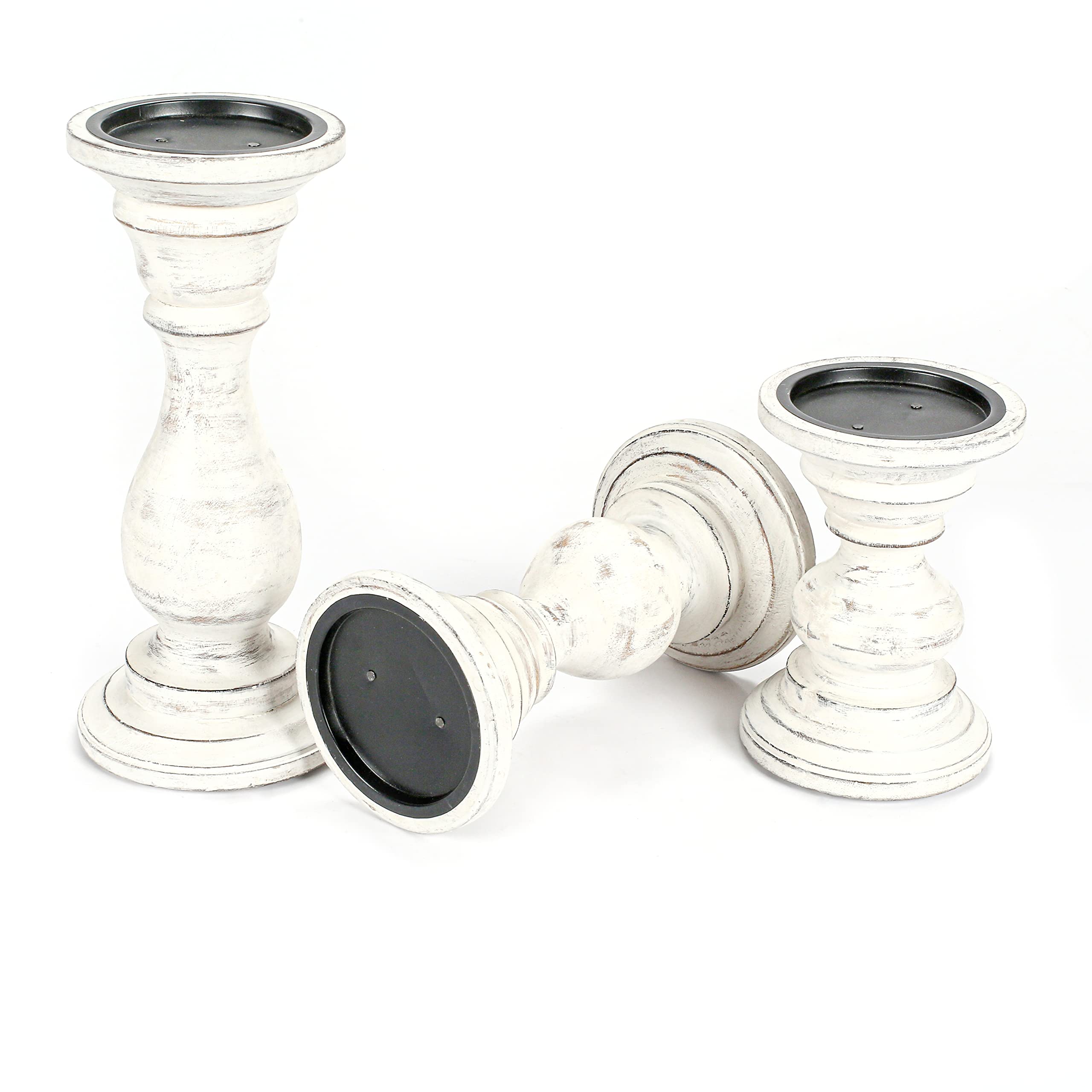Wooden Candle Holder Stand Set of 3 - 10, 8, 6 Inch Pillar Candle Holders with Rounded Turned Columns - Antique White Country Style for Weddings, Christmas, Parties & Home Decor | Perfect as Unity Candle Holders & Gift Ideas