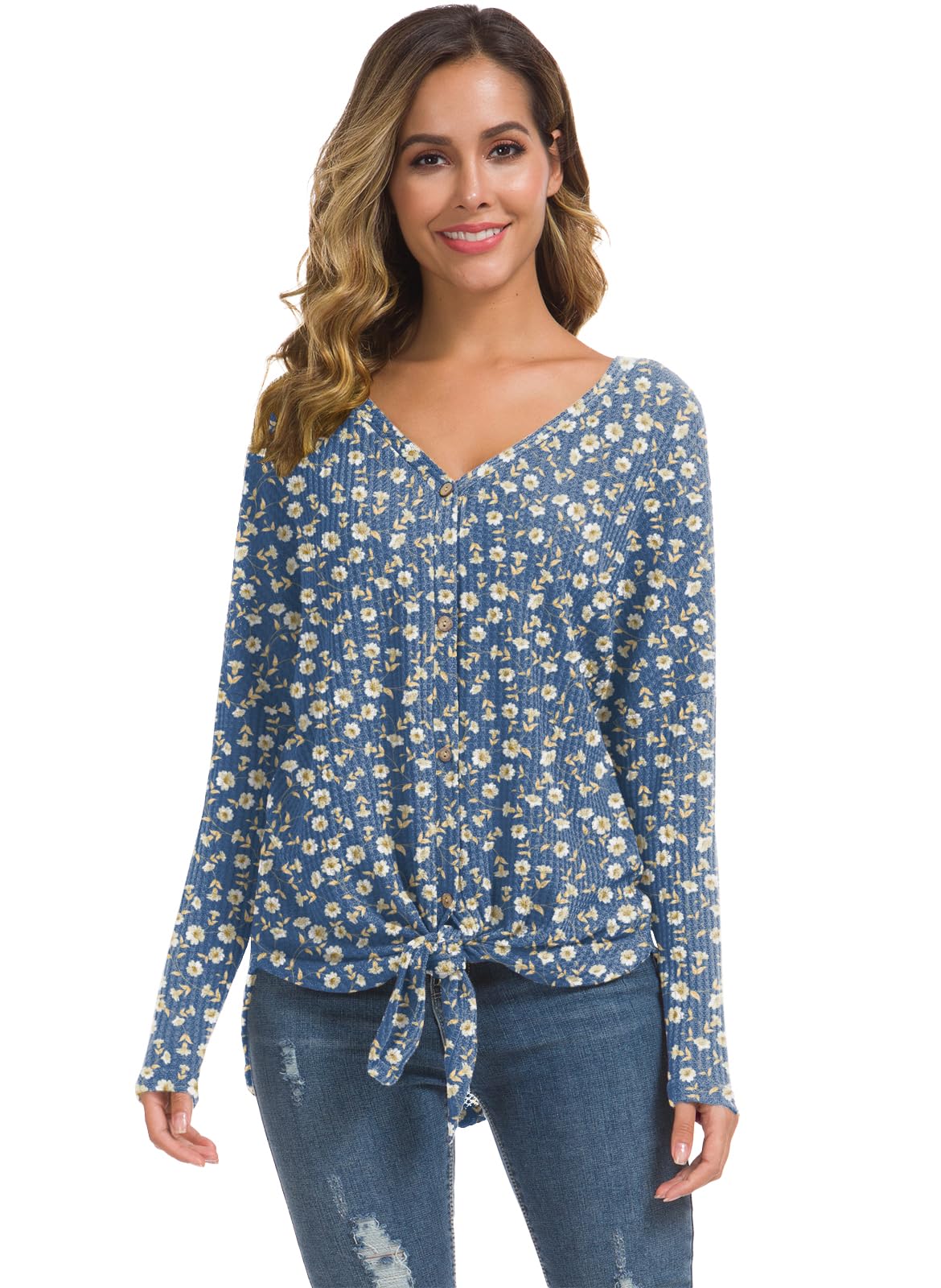 IWOLLENCE Women's Waffle Knit Tunic Blouse - Loose Fit Batwing Sleeve Henley Top with Tie Knot Detail | Casual Office Wear & Weekend Outfits