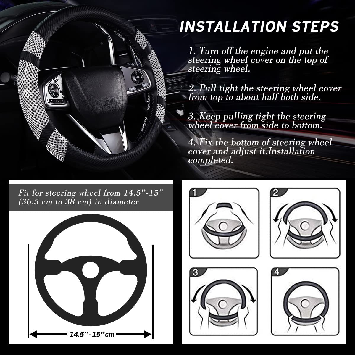 BOKIN Carbon Fiber Steering Wheel Cover - Universal 14.5-15 Inch, Microfiber Leather Car Accessory, Breathable Ice Silk Wheel Protector for Summer Cooling & Winter Warmth - Perfect for Daily Commute, Road Trips & Luxury Car Interiors