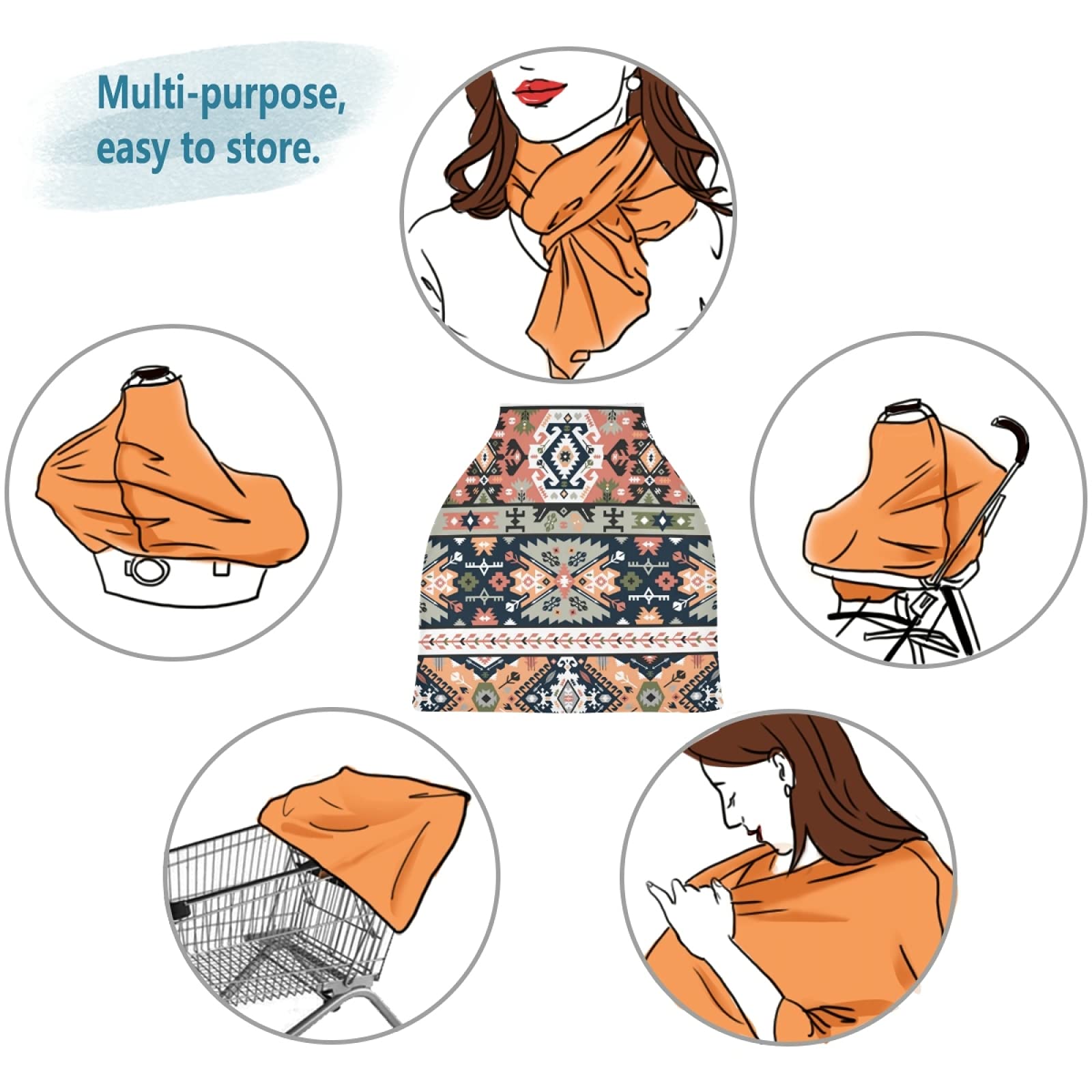 Breastfeeding Cover Scarf - Soft, Breathable Nursing Cover with Tribal Aztec Geometric Print - Baby Car Seat Canopy & Stroller Cover for Boys & Girls - Perfect for Nursing, Shopping, and Outdoor Activities