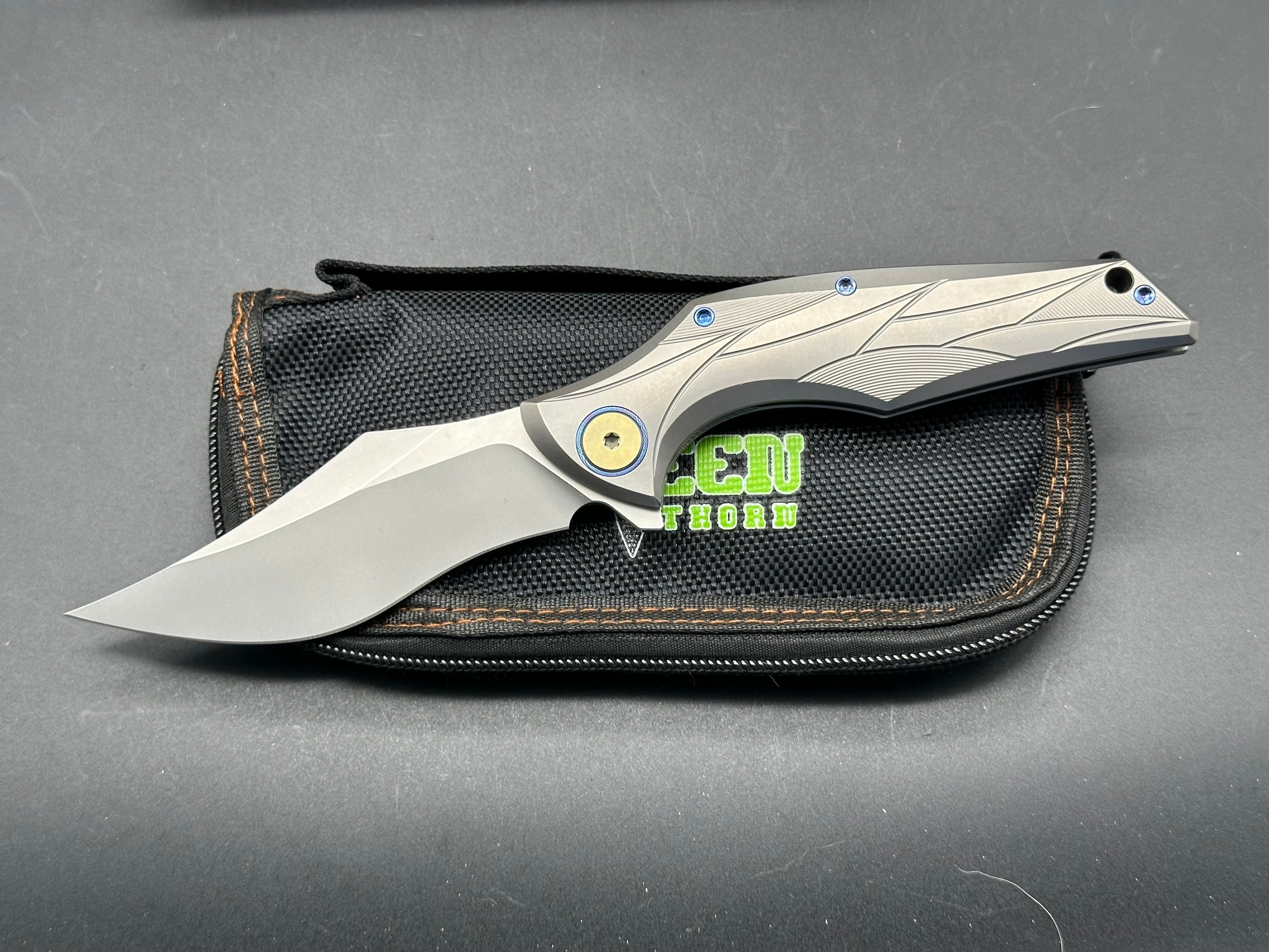 Green Thorn Talon Folding Knife - Grey Milled Titanium Frame, Custom Anodized Hardware, Upswept Blade, Stonewash M390 Steel - EDC, Outdoor, Camping, Survival Gear