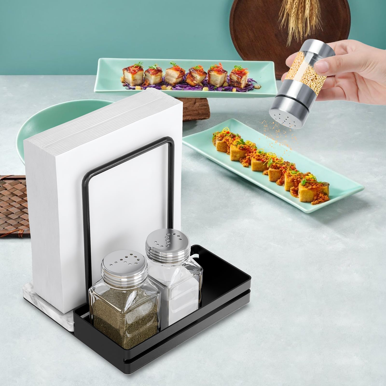 Elegant Marble Napkin Holder with Salt & Pepper Shakers Caddy - Black Metal Base Standing Paper Napkin Storage for Kitchen & Dining Table Decor - Perfect for Dinner Parties, Holiday Gatherings and Restaurant Use