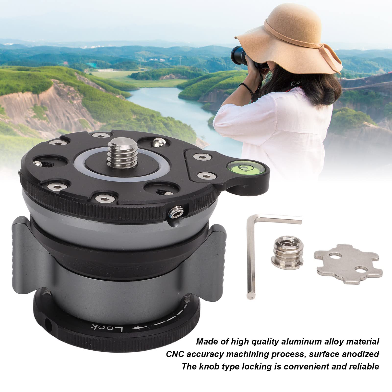 Professional Aluminum Alloy Tripod Leveling Base with Bubble Level - 1/4” & 3/8” Thread Camera Tripod Head - Compatible with Nikon, Sony DSLR & Camcorders - Perfect for Landscape Photography, Video Shooting & Studio Work