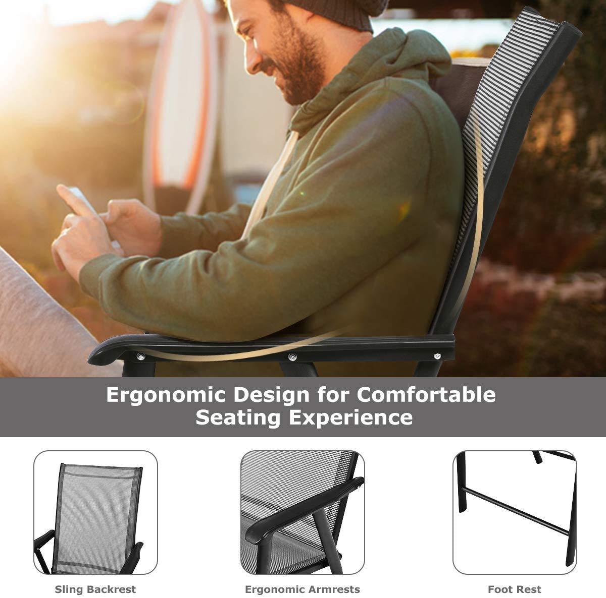 Foldable Patio Chairs Set of 4 - Portable Indoor & Outdoor Lounge Chairs with Armrests & Footrest - Durable Metal Frame & Breathable Fabric for Dining, Lawn, Garden, Backyard, Poolside - Perfect for Relaxing, Sunbathing & Outdoor Entertaining