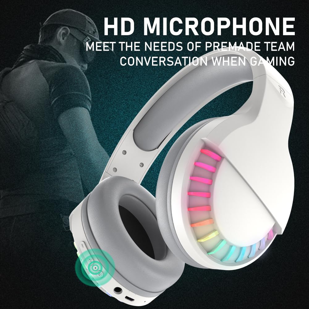 Wireless Bluetooth Headphones with Active Noise Cancelling, HiFi Stereo Sound & Deep Bass - Over-Ear Headset with Mic, RGB Backlight & Protein Earpads for PC, Mac, Gaming, Travel, Office & Home Use (White) - Perfect for Work, Entertainment & Long Flights