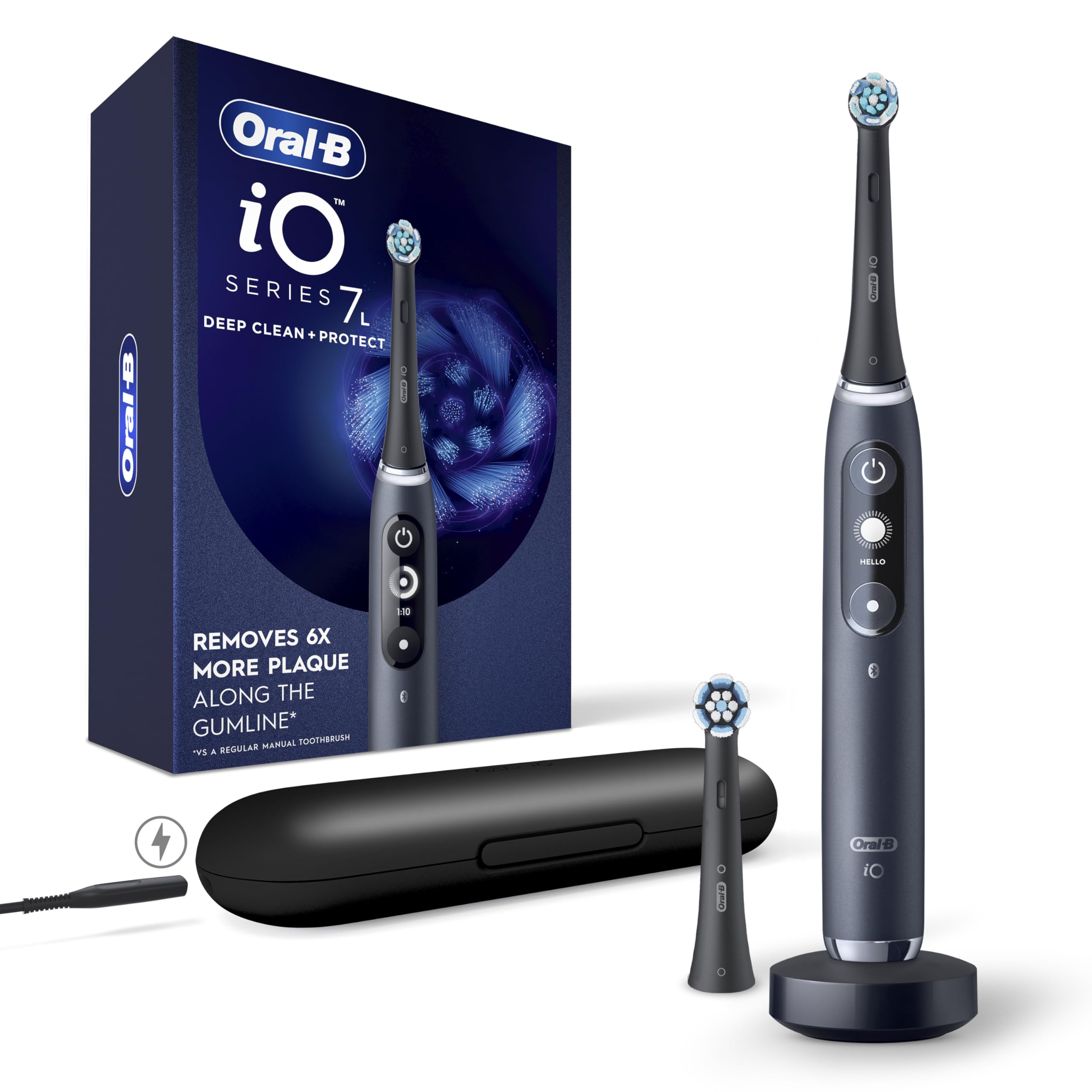Oral-B iO Series 7 Deep Clean + Protect Rechargeable Electric Toothbrush with 2 Replacement Brush Heads & Travel Charging Case - Black | Advanced Gum Care & Teeth Whitening for Home & Travel Use
