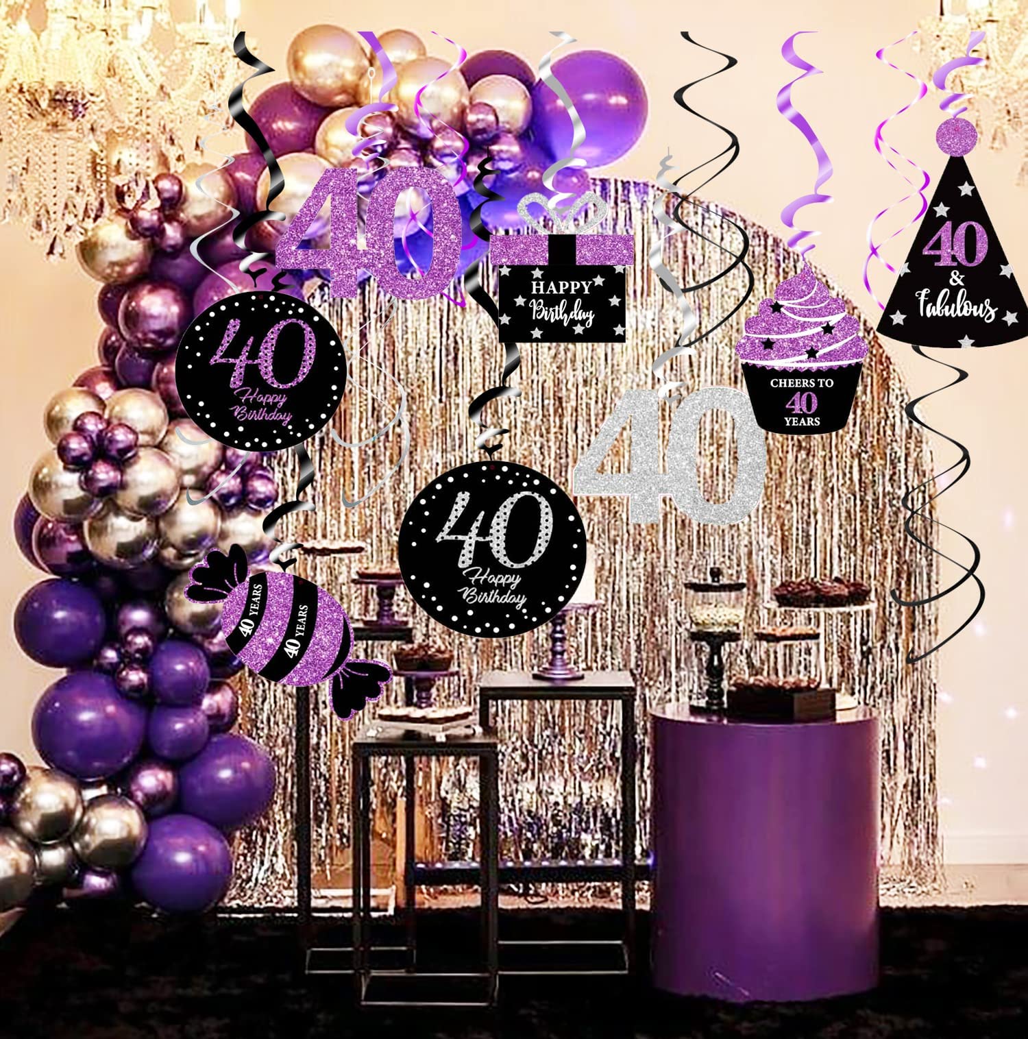 40th Birthday Party Decorations for Women - Purple, Black & Silver Foil Hanging Swirls - Perfect for 40th Birthday Celebrations, Milestone Parties & Women's Birthday Decor