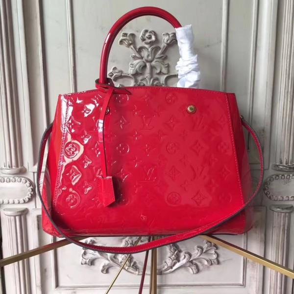 Authentic Louis Vuitton Montaigne MM Monogram Vernis Tote Bag in Vibrant Red - Perfect for Work, Travel & Luxury Everyday Carry