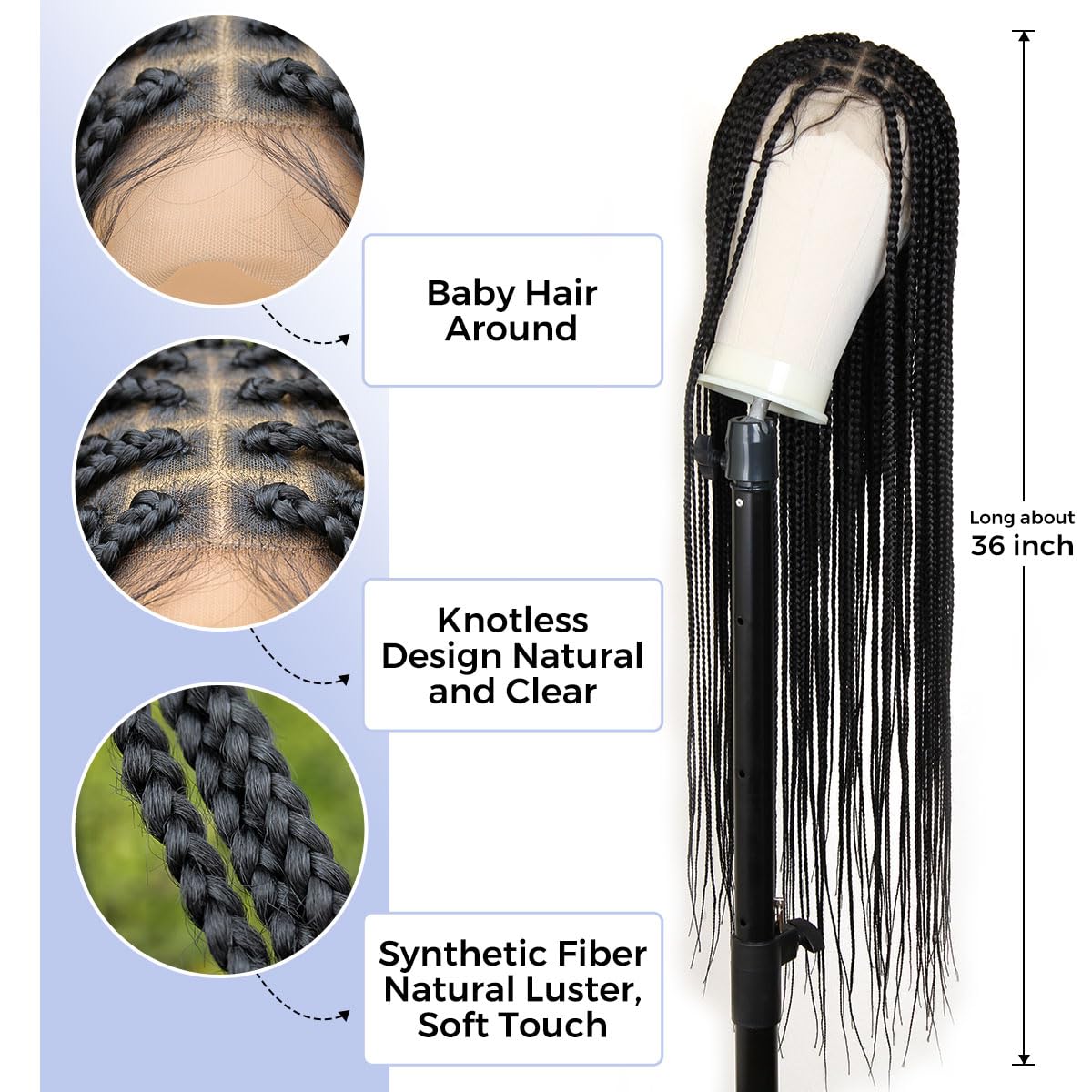 KRALER 36 Inch Knotless Box Braid Wig for Black Women - Double Lace Front Human Hair Wig with Pre-Plucked Hairline & Baby Hair | Perfect for Protective Styling, Everyday Wear & Special Occasions