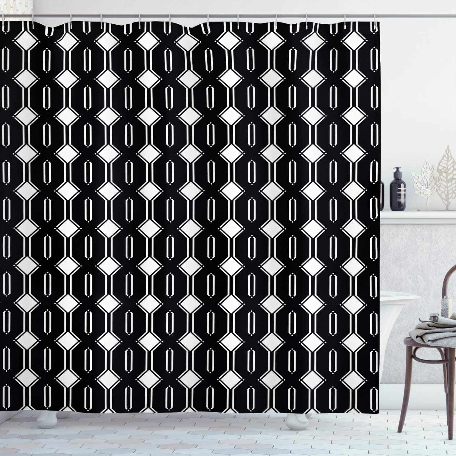 Ambesonne Geometric Shower Curtain - Monochrome Symmetric Pattern with Repeating Squares & Bars, 69x75 Inch Fabric Bathroom Decor Set with Hooks, Charcoal Grey & White - Perfect for Modern Bathrooms & Spa-Like Retreats