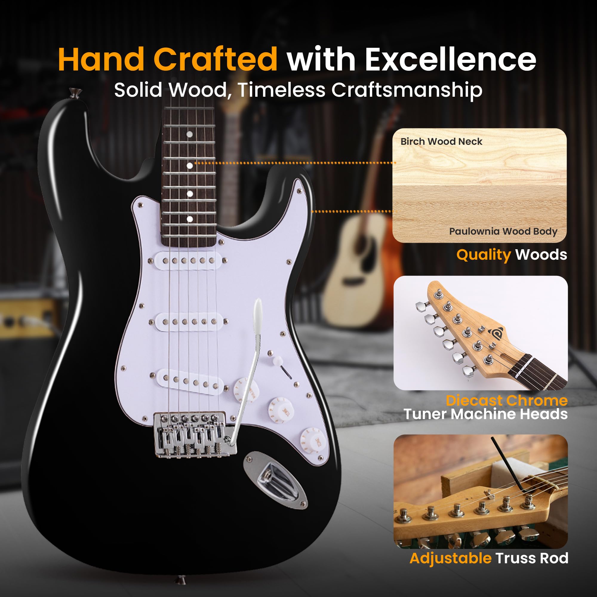 **Pyle Full Size Electric Guitar Kit with 5W Amp, Gig Bag, Picks, Strings & Strap – ST-Style Beginner Guitar Bundle, 22 Frets, Paulownia Wood Body, Black – Perfect for Beginners, Practice & Live Performances**