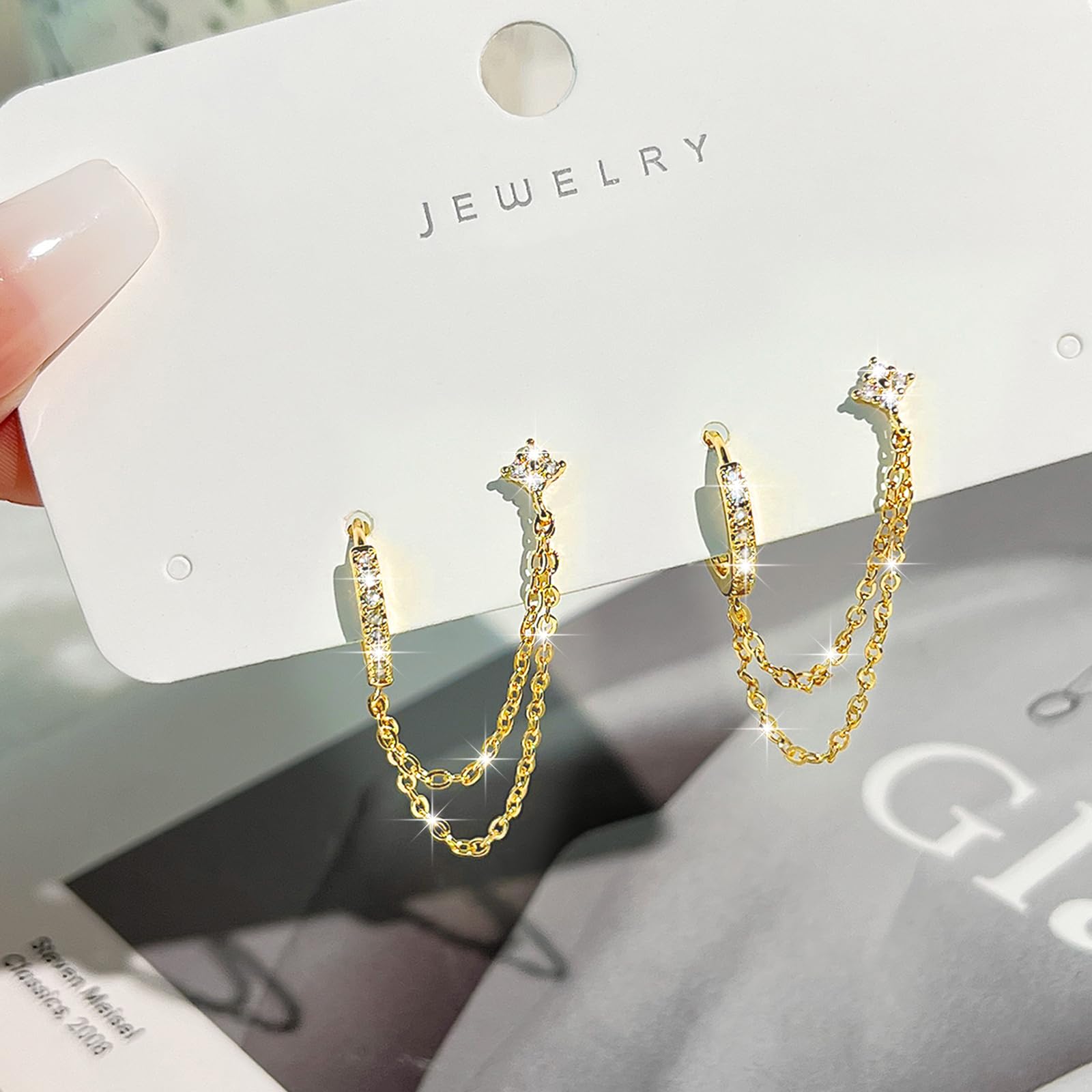 925 Sterling Silver Gold Plated Flower Stud Chain Earrings with Zirconia | Double Piercing Dangle Huggie Hoop Earrings for Women | Elegant Jewelry Gift for Birthday, Anniversary & Party Occasions