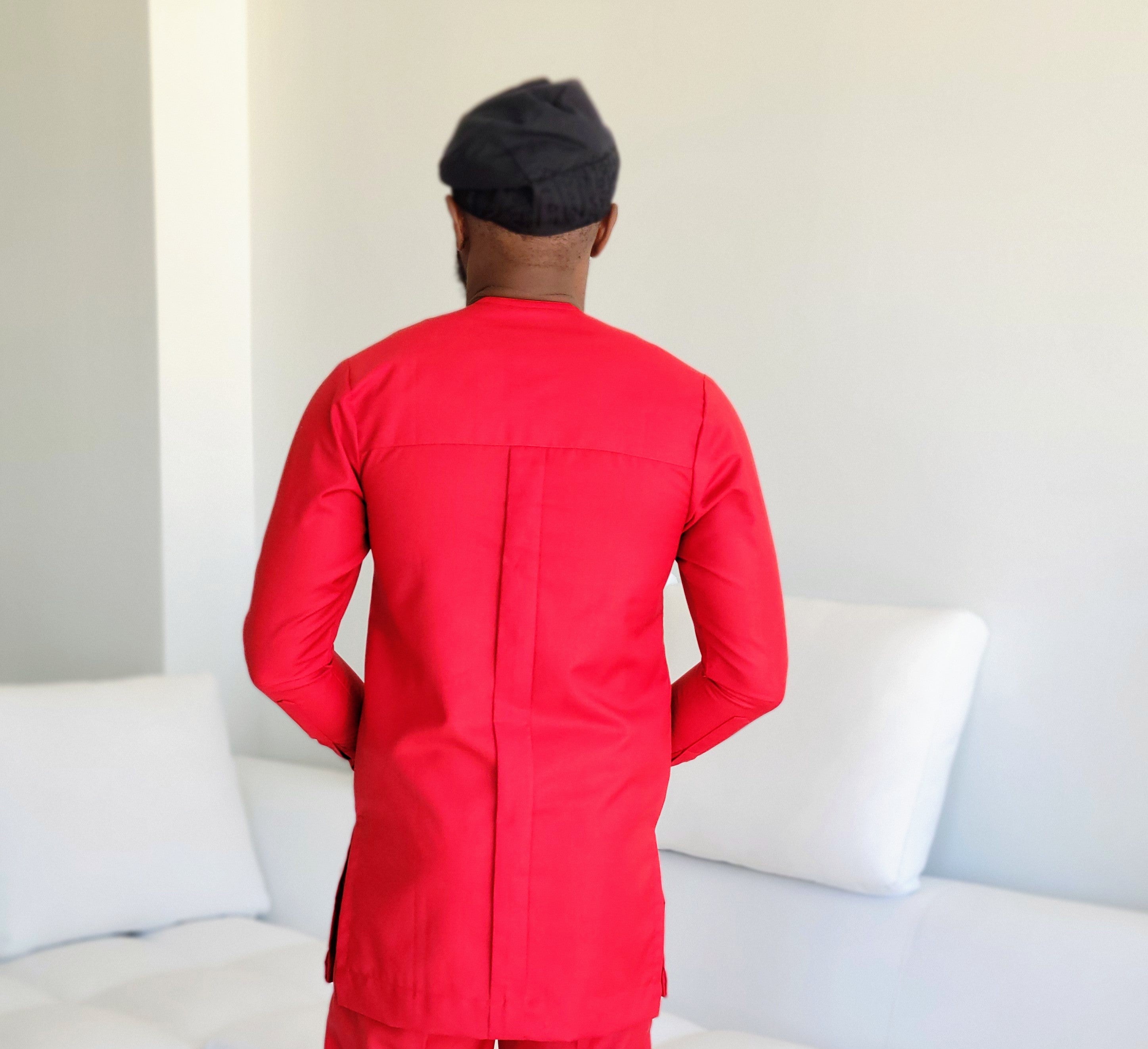 Elegant Red Embroidered Dashiki Senator Shirt with Matching Drawstring Pants - African Traditional Wear for Men - Perfect for Weddings, Cultural Events & Special Occasions