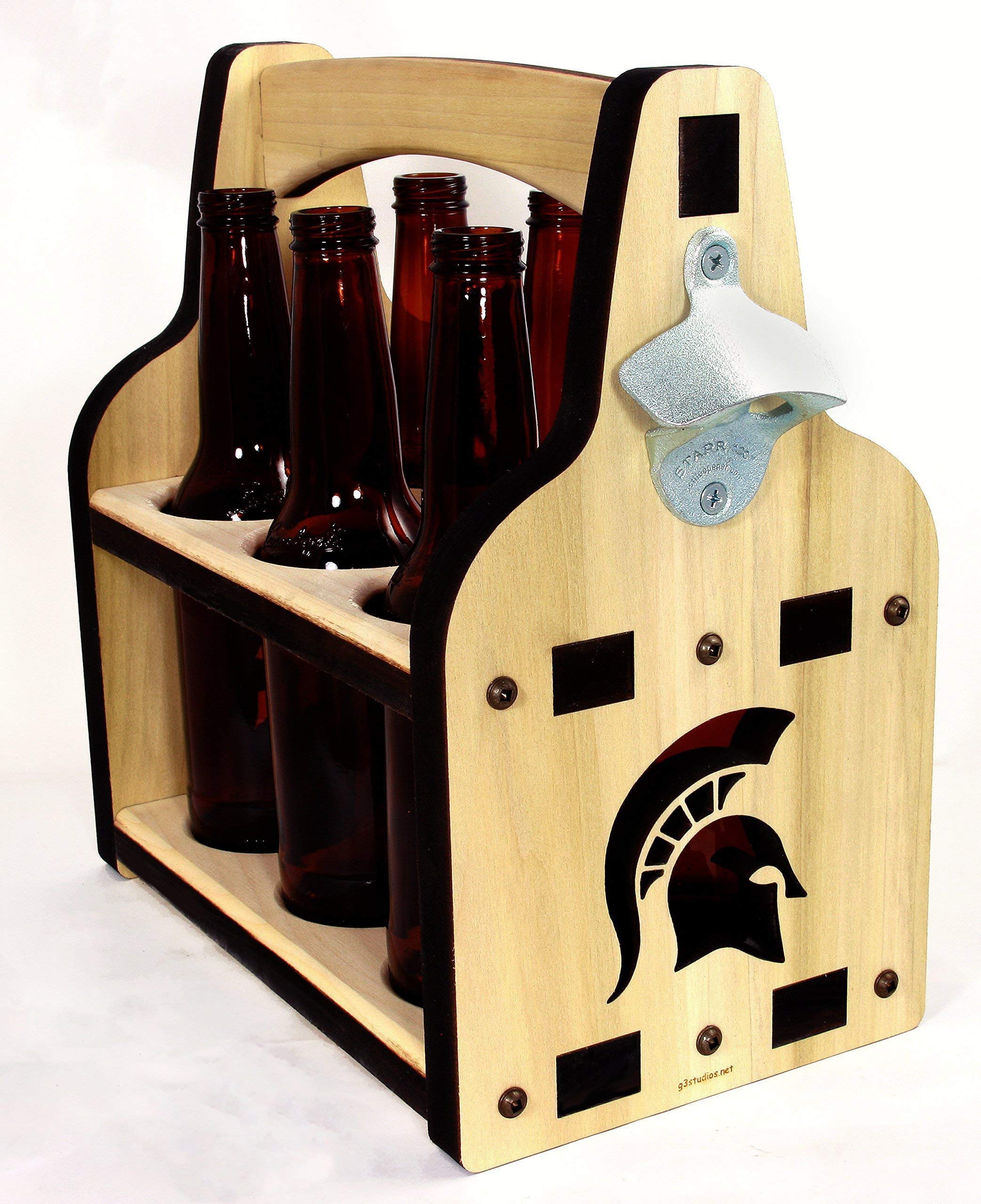 Spartan 6-Pack Wooden Beer Caddy with Bottle Opener - Officially Licensed #8068 - Perfect for Tailgating, BBQ Parties & Gifts for Beer Lovers