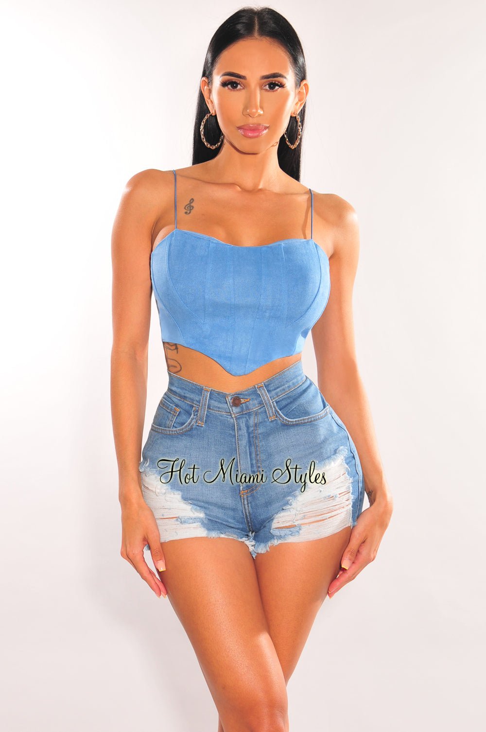 Baby Blue Elastic Straps Bustier Crop Top with Curved Hem - Sexy Summer Outfit for Women, Perfect for Beach, Party & Date Night