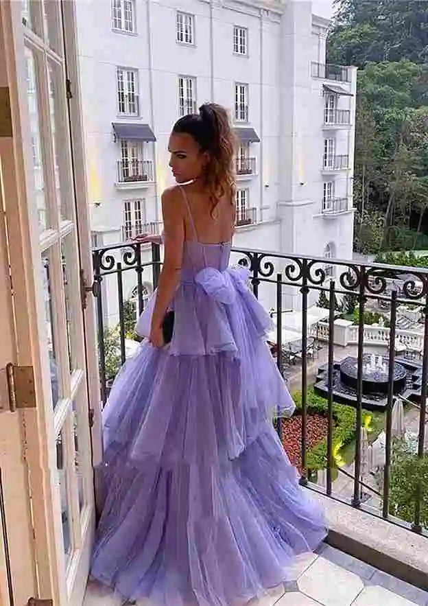 Serene Hill Arabic Lilac A-Line Spaghetti Strap Long Tulle Prom Dress with Ruffles for Women - Elegant Evening Gown for Homecoming, Wedding, Party & Formal Events | LA72681