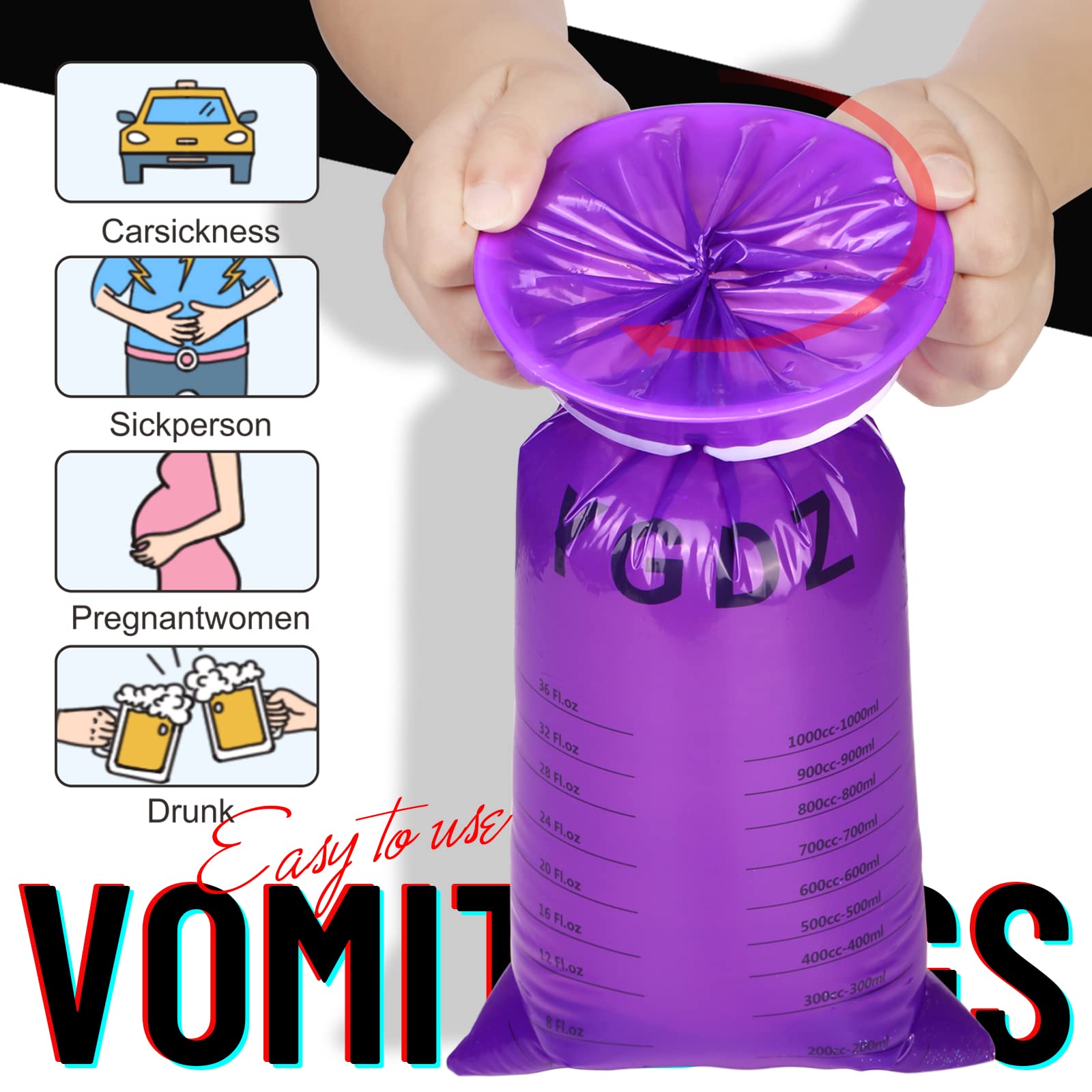YGDZ 15 Pack Disposable Barf Bags for Travel - Motion Sickness Vomit Bags for Cars, Airplanes & Boats - Purple Emesis Bags for Nausea Relief (Perfect for Road Trips, Flights & Cruise Vacations)