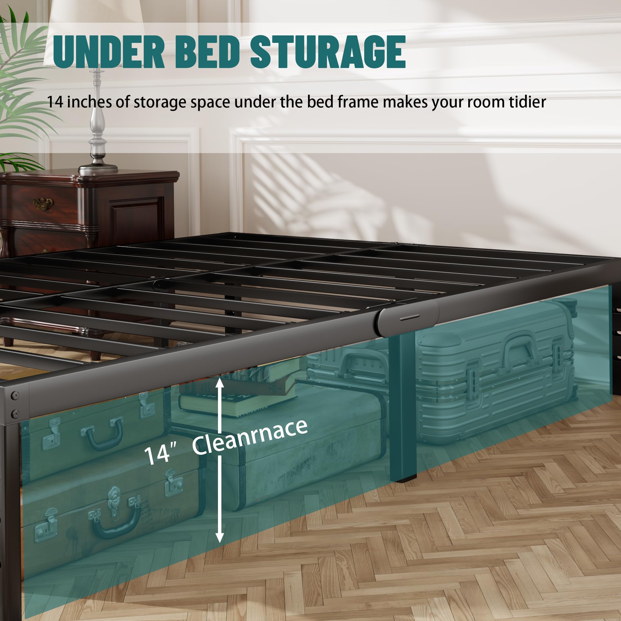 14 Inch Metal Platform Bed Frame Queen Size - Steel Slat Support, No Box Spring Needed - Easy Assembly with Storage Space - Black - Perfect for Modern Bedrooms & Guest Rooms
