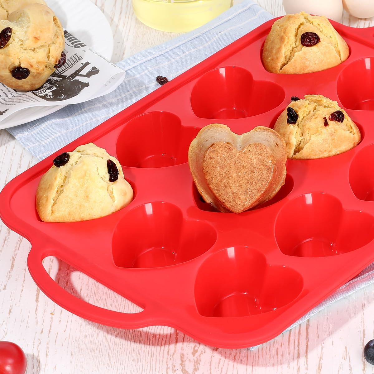 Heart Shaped Muffin Pan - 2 Pack Nonstick Silicone Baking Molds with Metal Frame for Cupcakes, Tartlets, Egg Bites & Chocolate - Perfect for Valentine's Day, Anniversaries & Romantic Baking Gifts (Red)