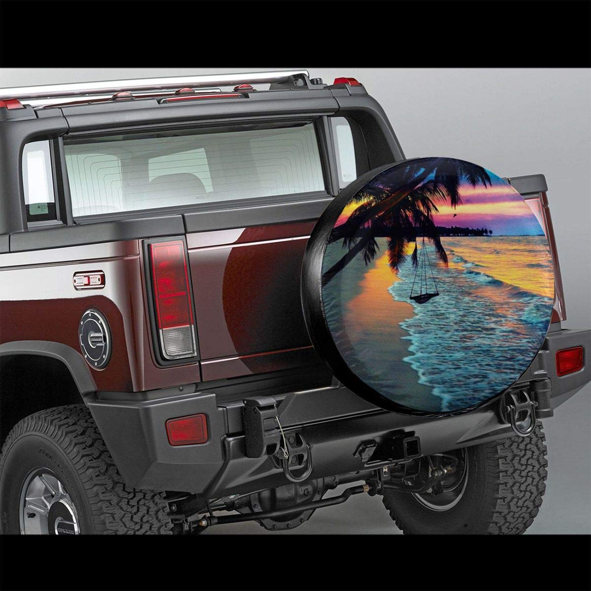 Waterproof UV-Resistant 16 Inch Spare Tire Cover - Coconut Beach Sunset Hammock Design for Trailers, RVs & SUVs | Perfect for Road Trips & Outdoor Adventures
