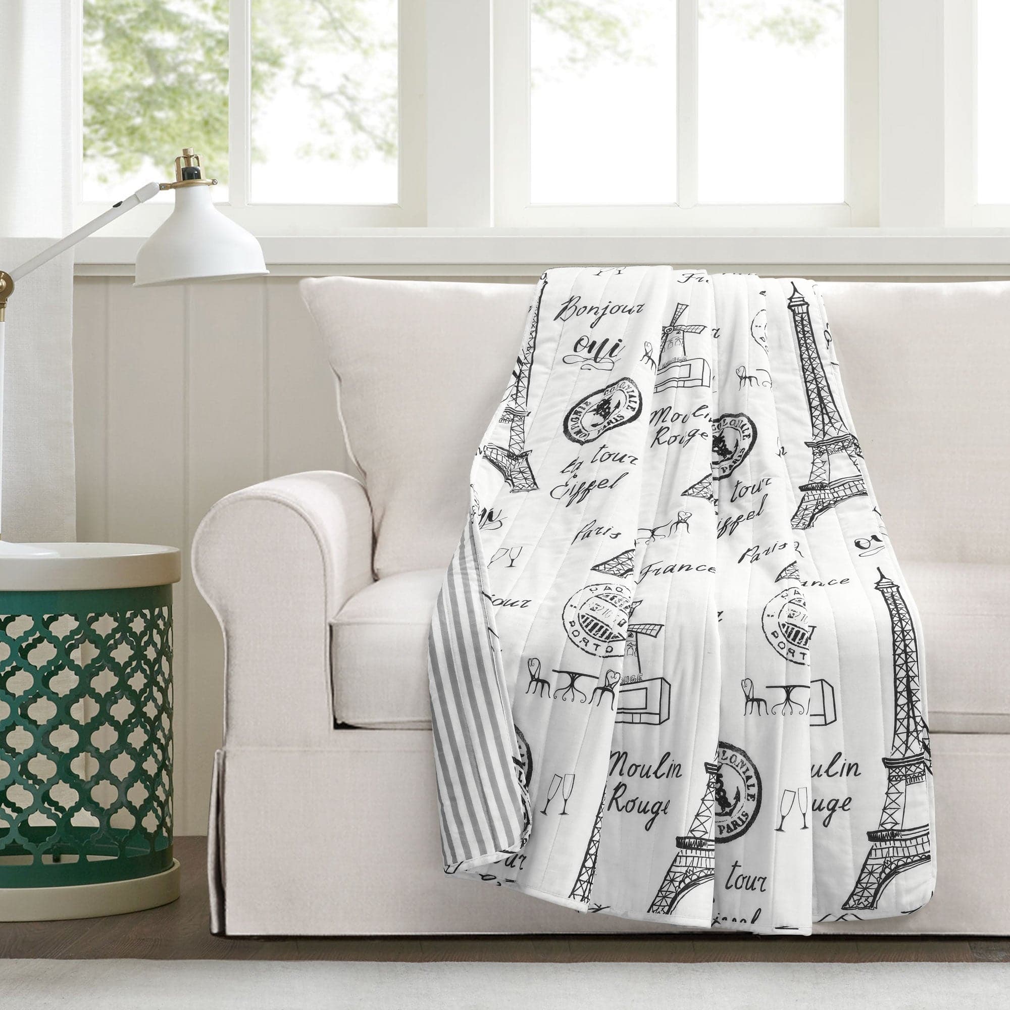 Paris Bonjour Reversible Cotton Throw Blanket - Soft French-Inspired Bedspread & Couch Cover - Perfect for Home Decor, Sofa, Bed, and Gift Giving