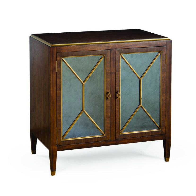 Amanda Walnut Wood Cabinet with Brass Handles and Mirror Accents - Elegant Storage Solution for Living Room, Bedroom or Entryway