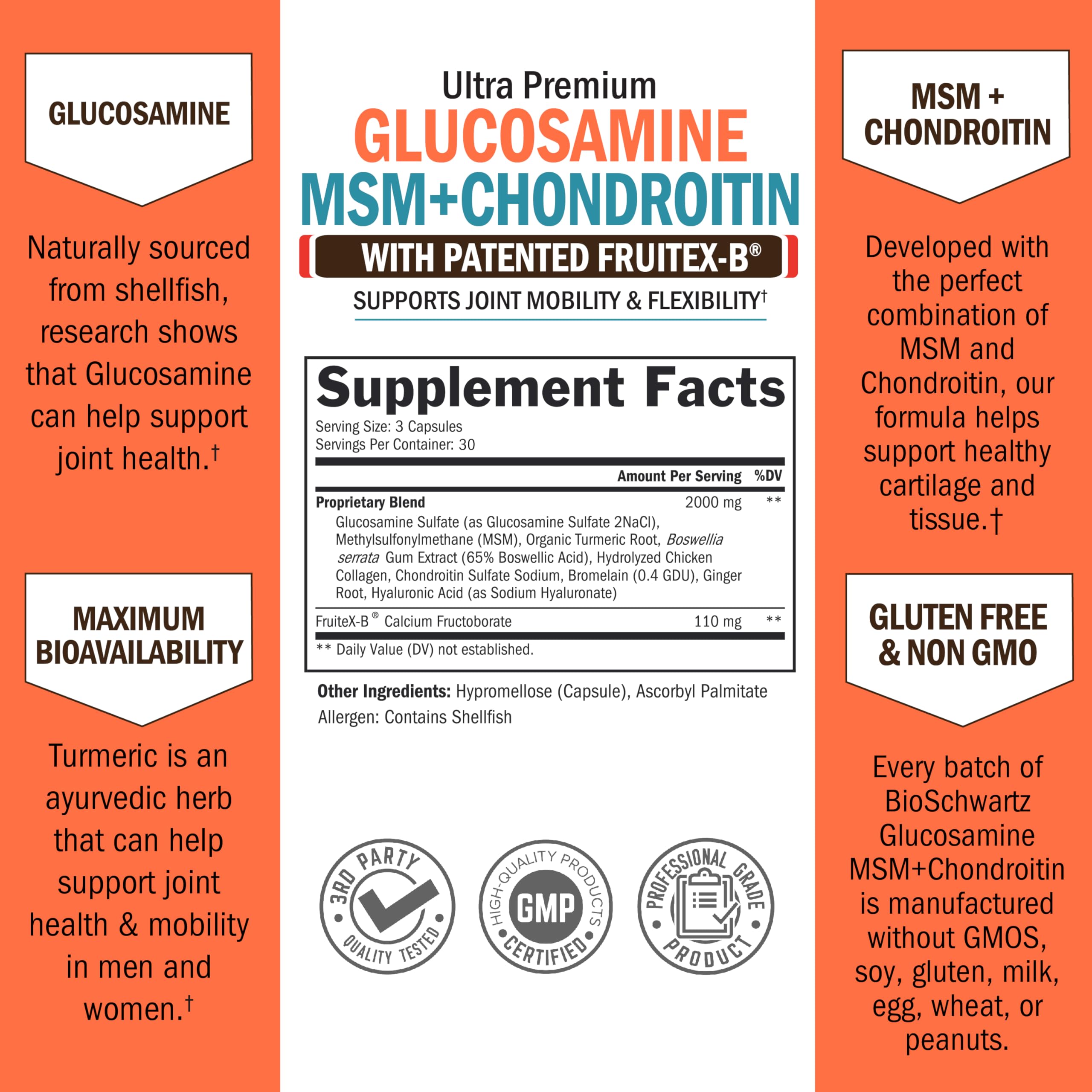 Glucosamine Chondroitin MSM Joint Support Supplement with Collagen Peptides, Turmeric & Hyaluronic Acid - 90 Capsules - FSA/HSA Approved, Gluten Free, Non-GMO - Supports Mobility & Comfort for Active Lifestyles, Athletes & Aging Adults