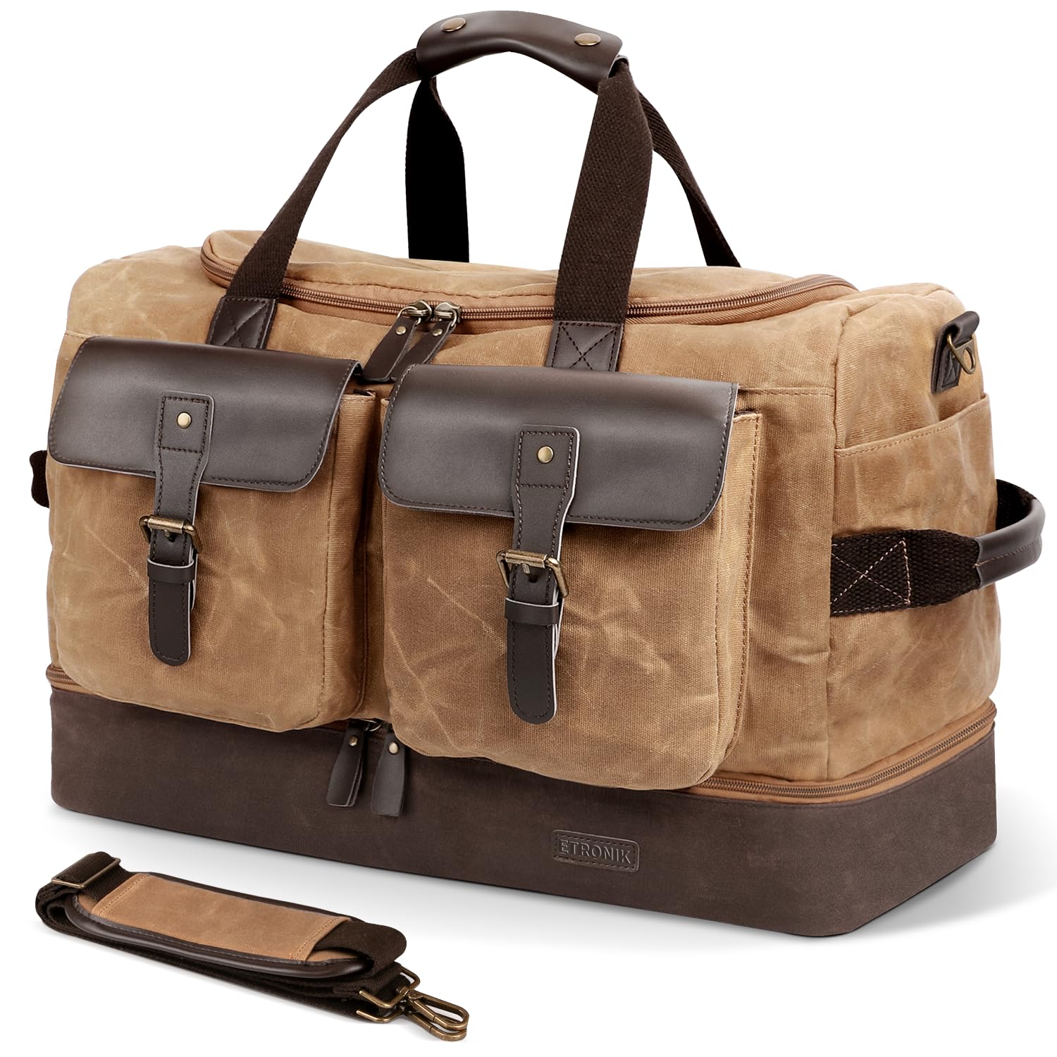 ETRONIK Vintage Waterproof Canvas Leather Travel Duffle Bag for Men - Weekender Overnight Carry-on Luggage with Wet Pocket & Shoe Compartment, Adjustable Strap - Perfect for Airplane Travel, Gym, Camping & Weekend Getaways