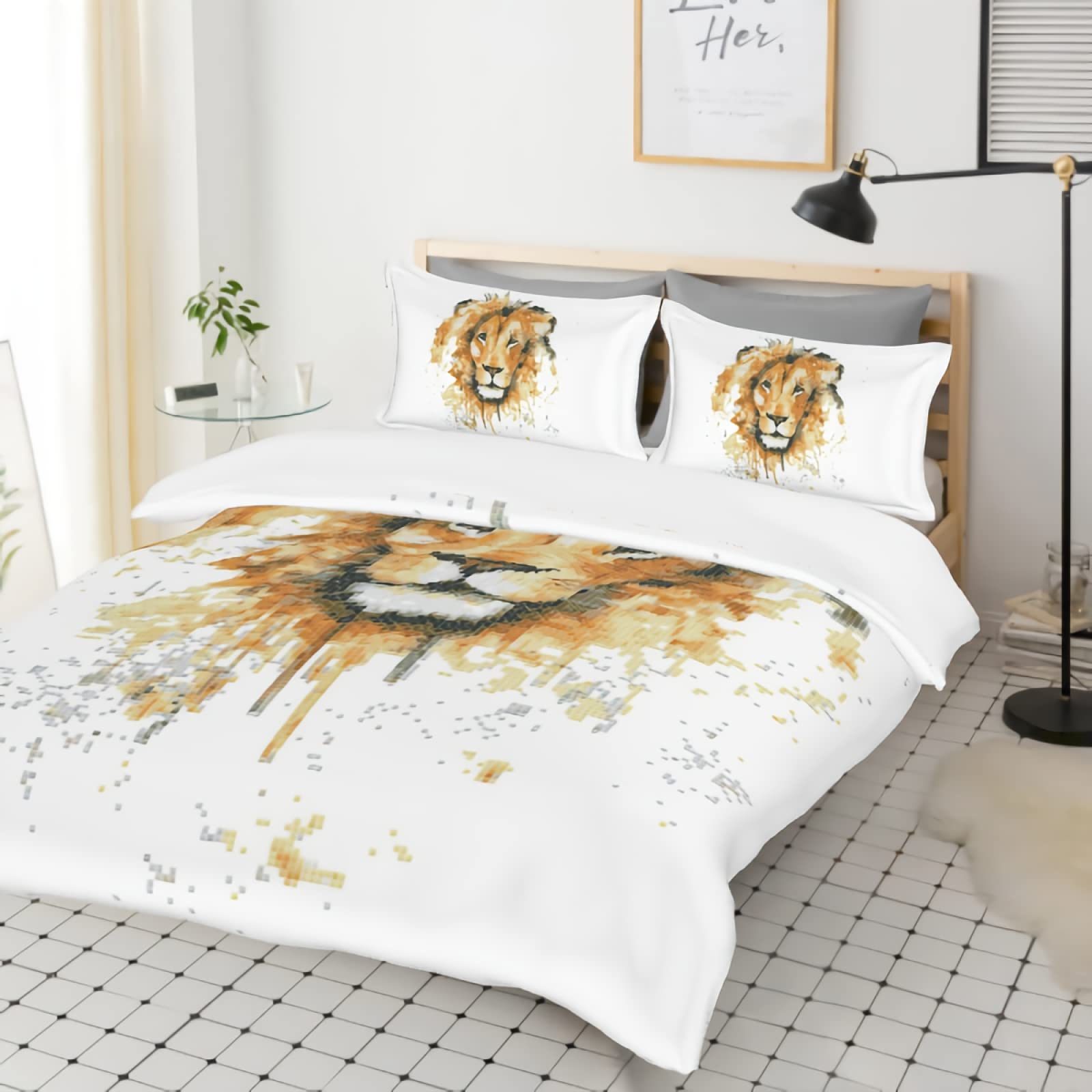 GREDBH Queen Size Lion Duvet Cover Set - 3 Piece Bedding with 2 Pillowcases, 100% Soft Microfiber (Comforter Not Included) - Perfect for Jungle Themed Bedrooms, Kids Rooms & Safari Decor