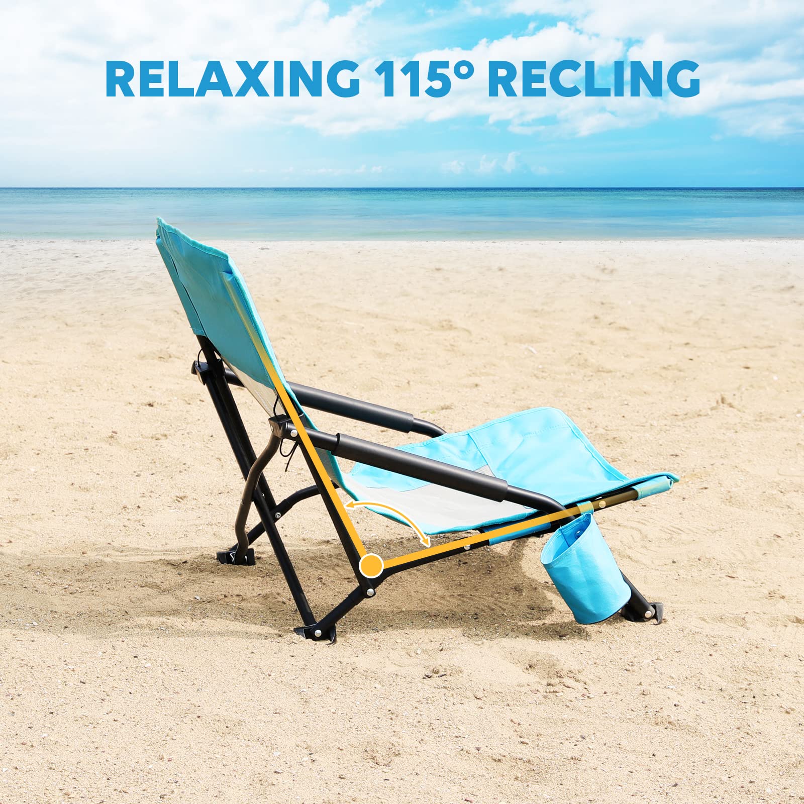 TOBTOS Low Beach Chair for Adults - 2 Pack Heavy Duty Folding Chairs with Cup Holder & Carry Bag - Portable Low Profile Outdoor Chairs for Beach, Camping, Concert, Travel, Picnics and Backyard Relaxation