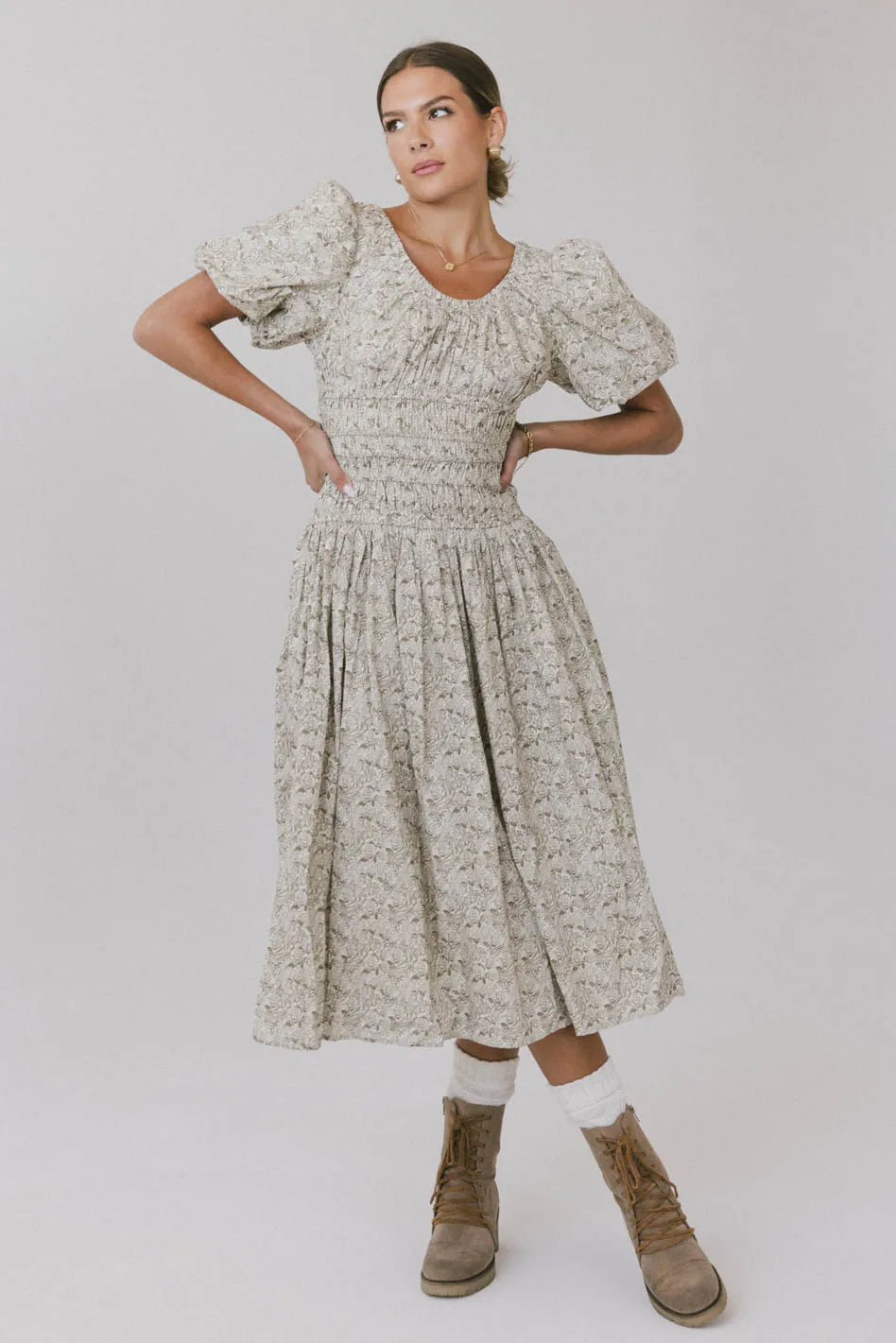 Lucille Smocked Floral Dress in Olive Green - Women's Summer Boho Maxi Dress for Beach Vacation & Outdoor Weddings
