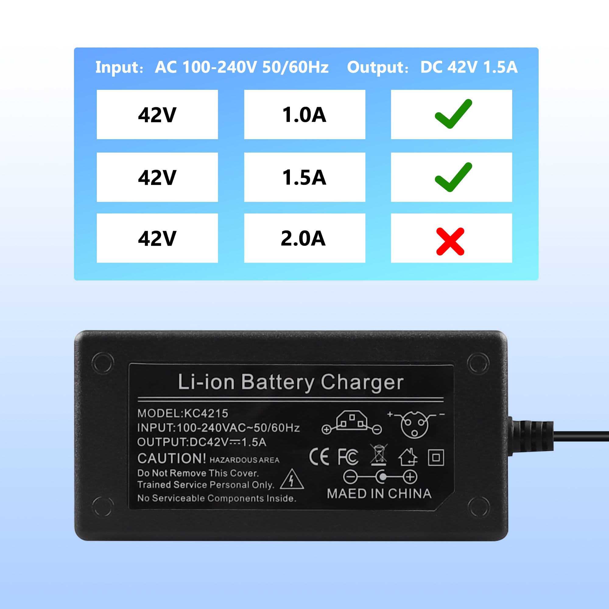42V Power Adapter Charger for Xiaomi M365, Bird & Lime Scooters - Compatible with Lime-S, Skip, Spin, Ninebot ES2/ES4/E22/E25 Electric Scooters - Fast Charging for 36V Li-ion Batteries - Perfect for Commuting & Urban Travel