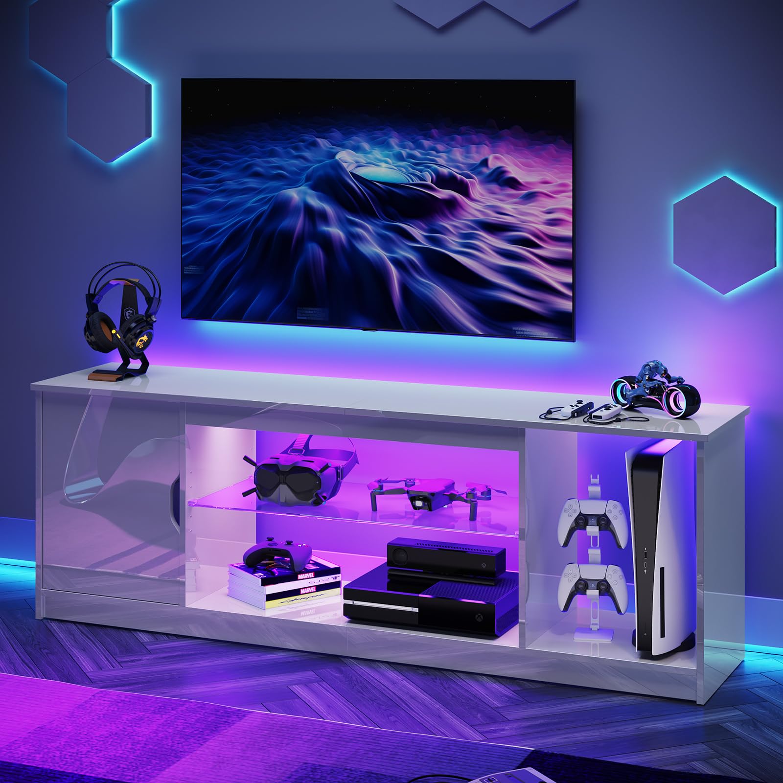 Bestier 57 Inch Gloss White TV Stand for 65 Inch TVs - Modern Entertainment Center with Glass Shelves, Adjustable Height, Compatible with PS5, Xbox & Gaming Consoles - Perfect for Living Room, Bedroom & Home Theater Setup